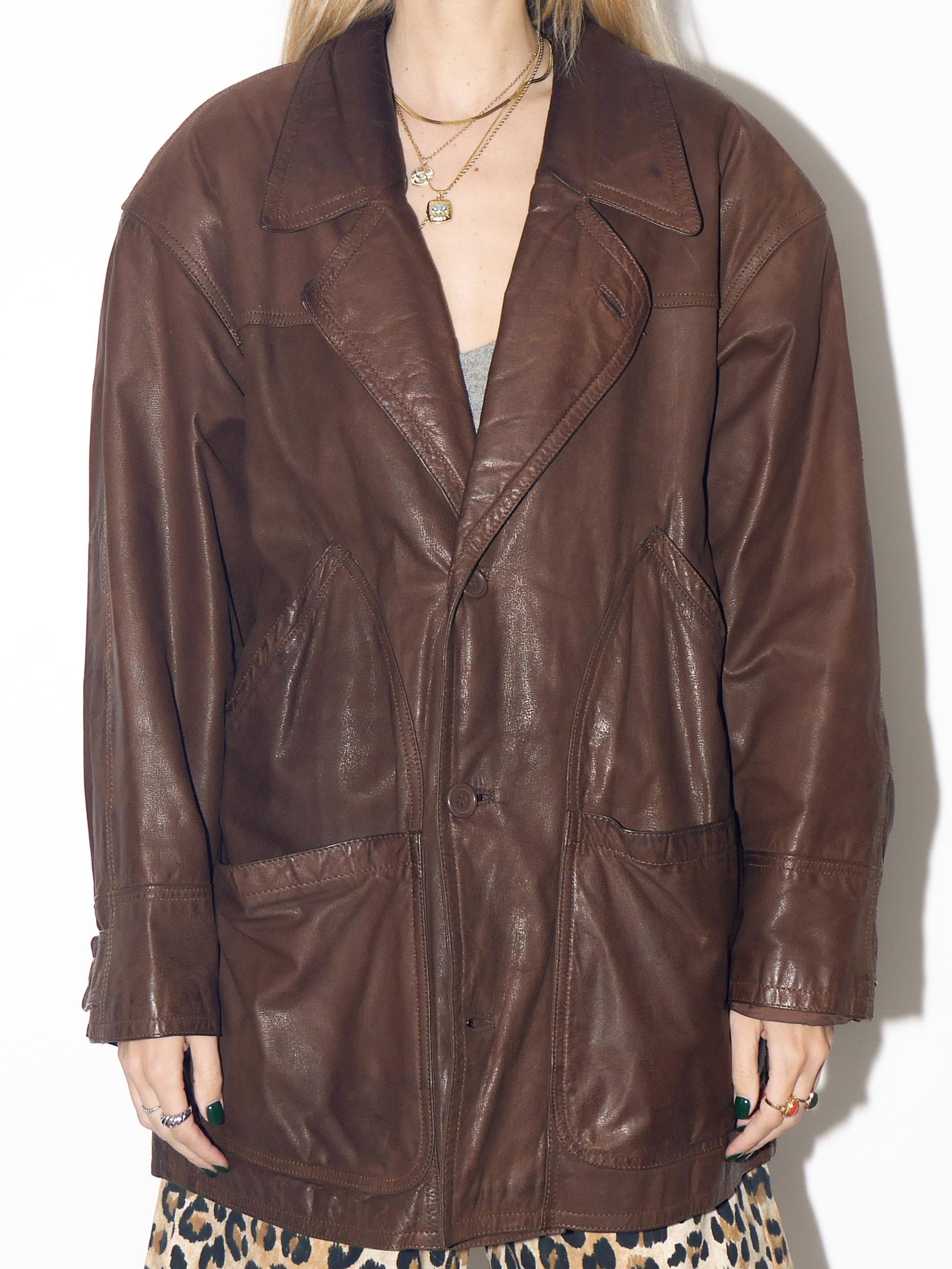 VINTAGE Oversized Quilted Brown Leather Jacket From The 1980s
