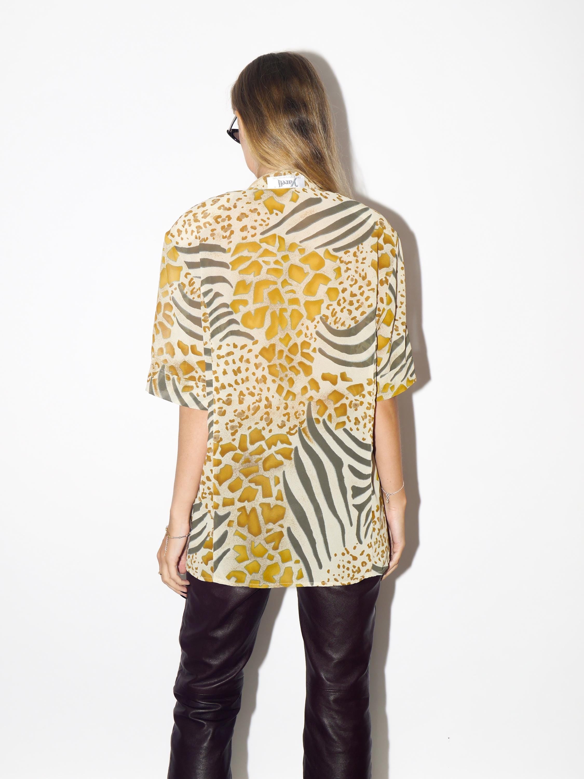 VINTAGE Cream And Mustard Animal Print Blouse From 1980s With Shoulder Pads By Yarell