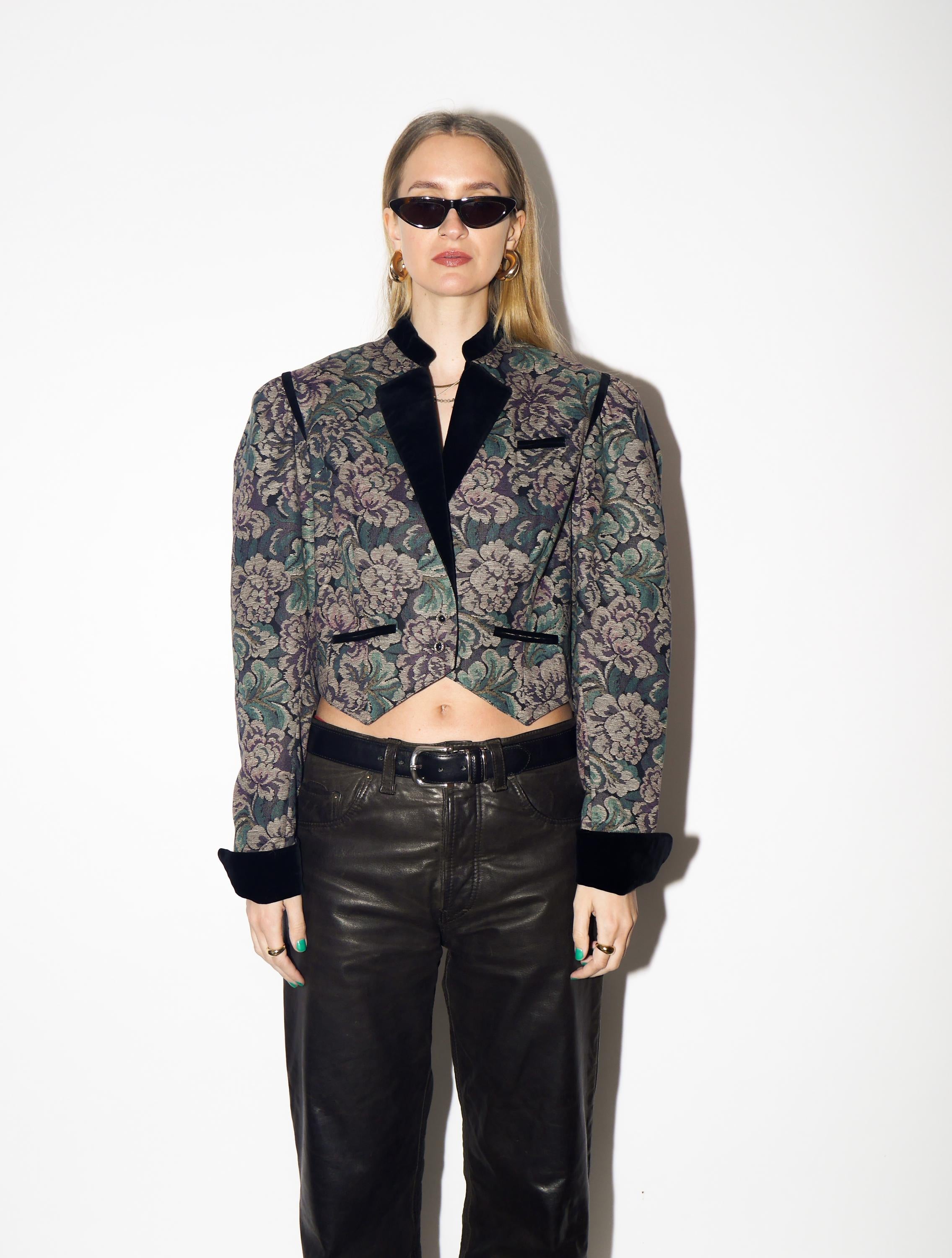 VINTAGE Cotton Jacquard Floral Blazer from 1980s | Big Shoulders Austrian Blazer
