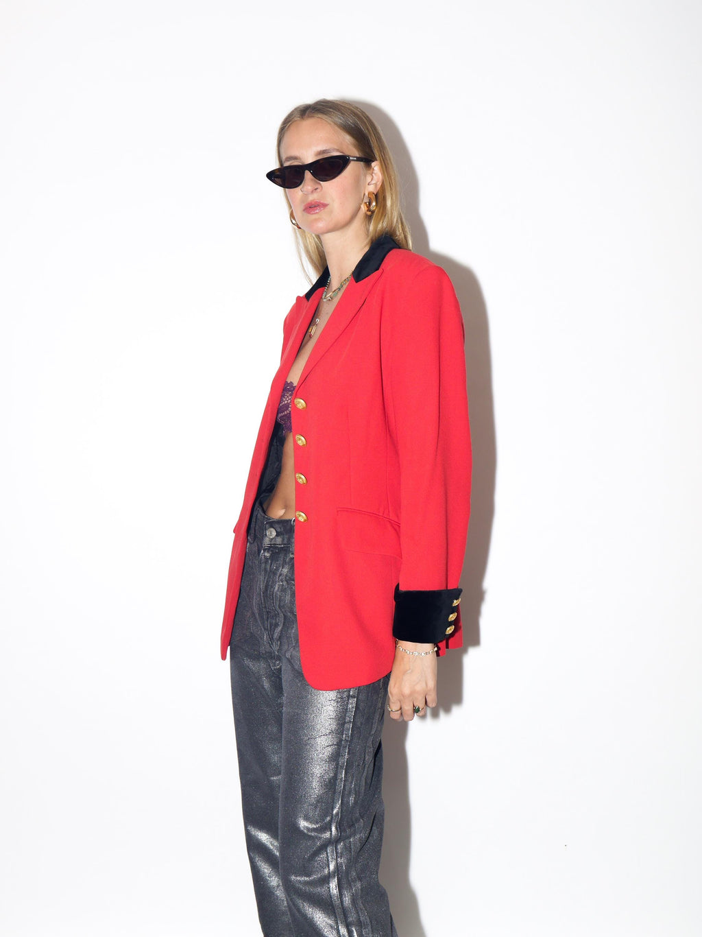 VINTAGE Wool Red Blazer With Black Velvet Cuffs And Collar And Gold Metal Buttons From The 1980s By Mondi