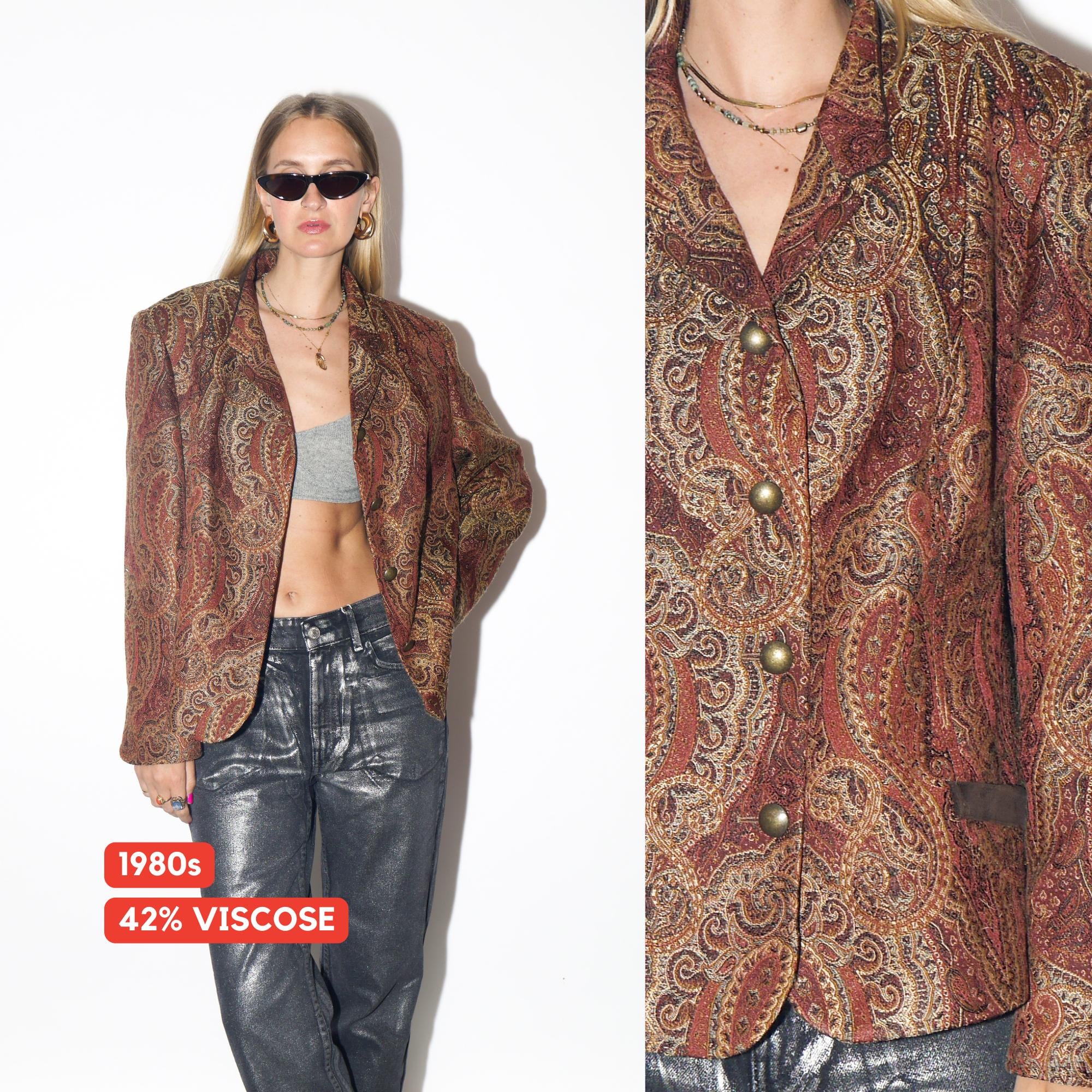 VINTAGE Viscose Bronze Brown Burgundy Oversized Jacquard Blazer With Velvet Collar And Metal Buttons From The 1980s