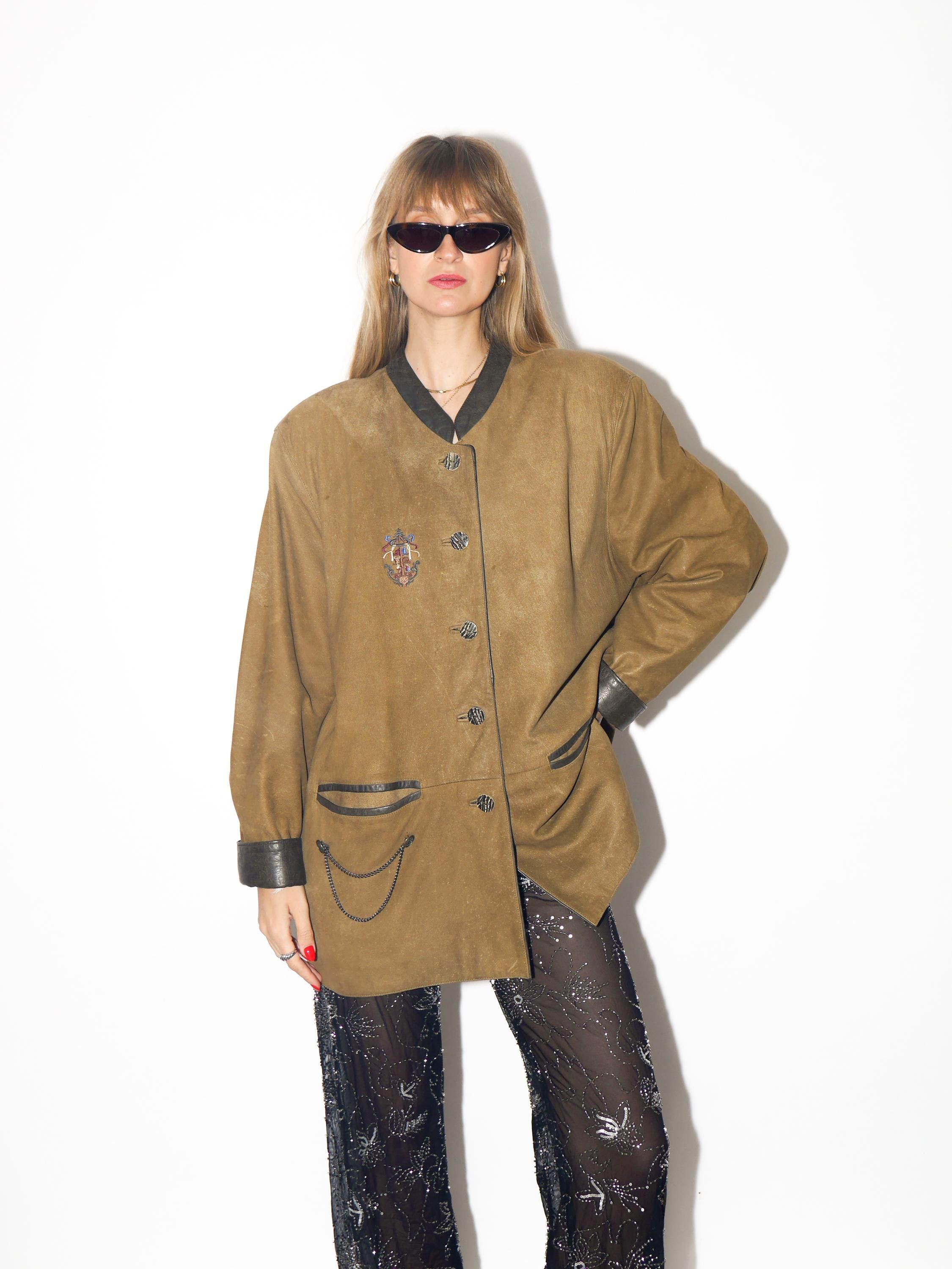 VINTAGE Khaki Brown Matte Leather Jacket With Embroidery From The 1980s by Leather Sound