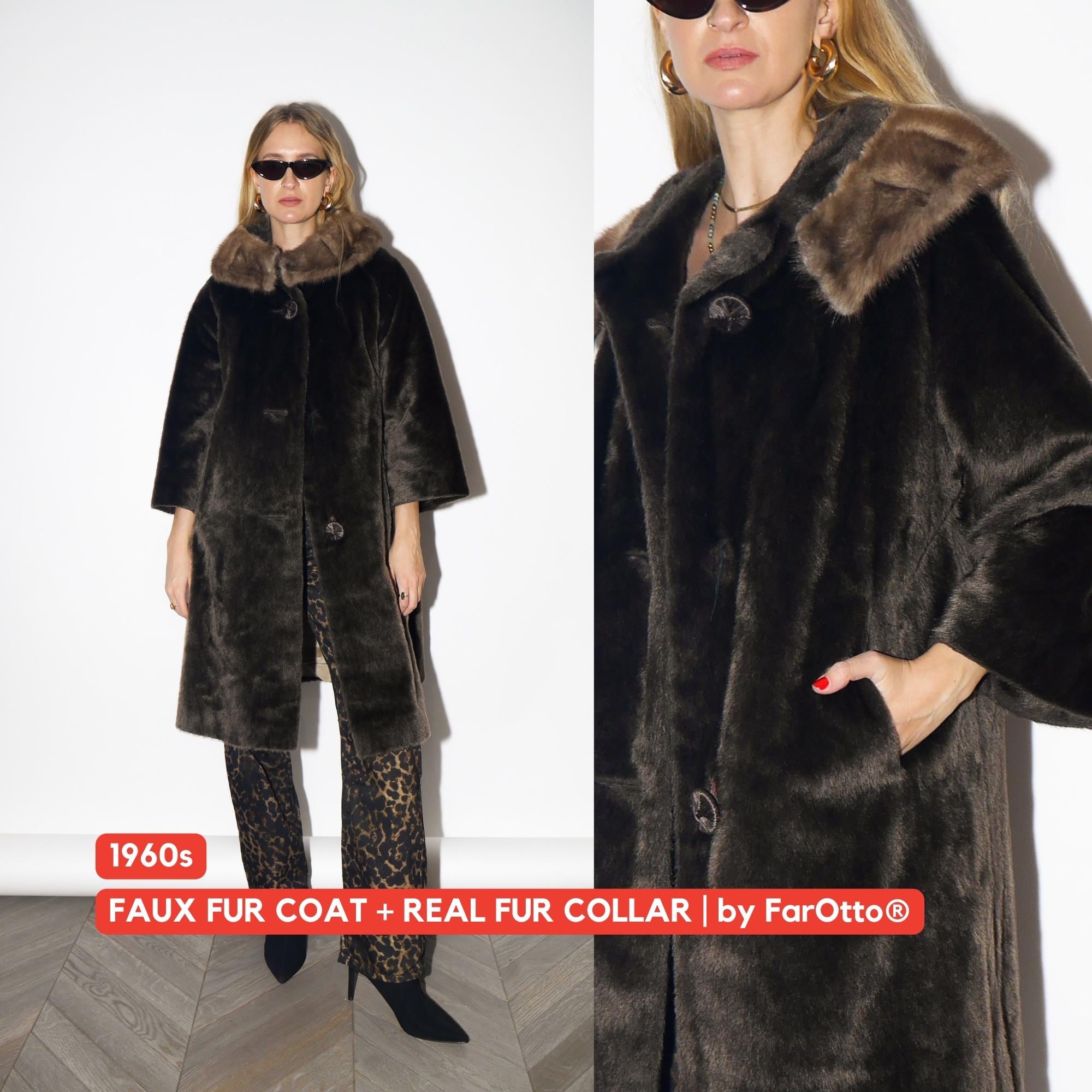 VINTAGE faux fur coat from 1960 with real mink fur collar in brown
