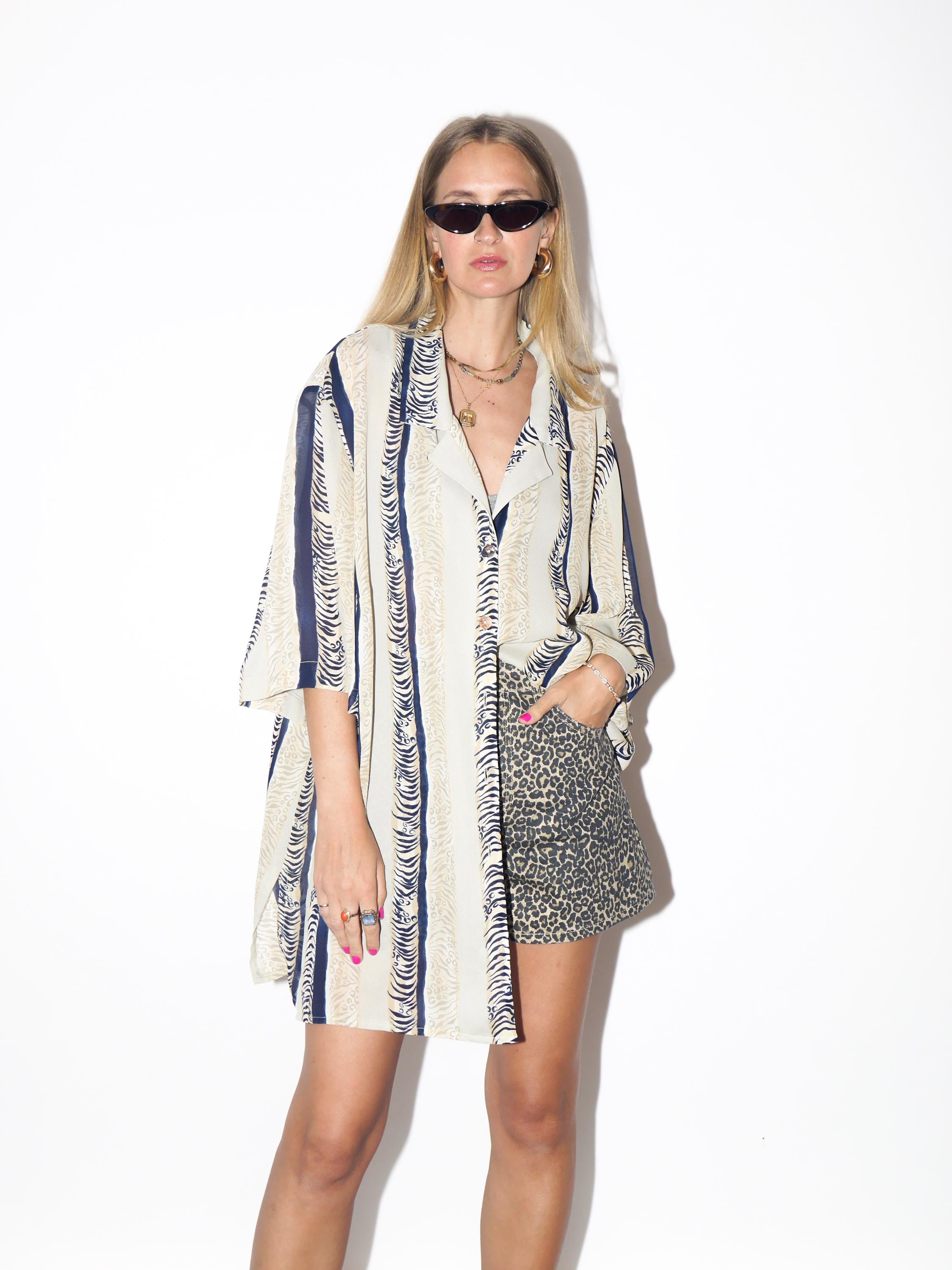 VINTAGE Oversized Beige Semi Sheer Animal Print And Navy Striped Shirt Dress With Opalescent Buttons From The 1980s By Canada