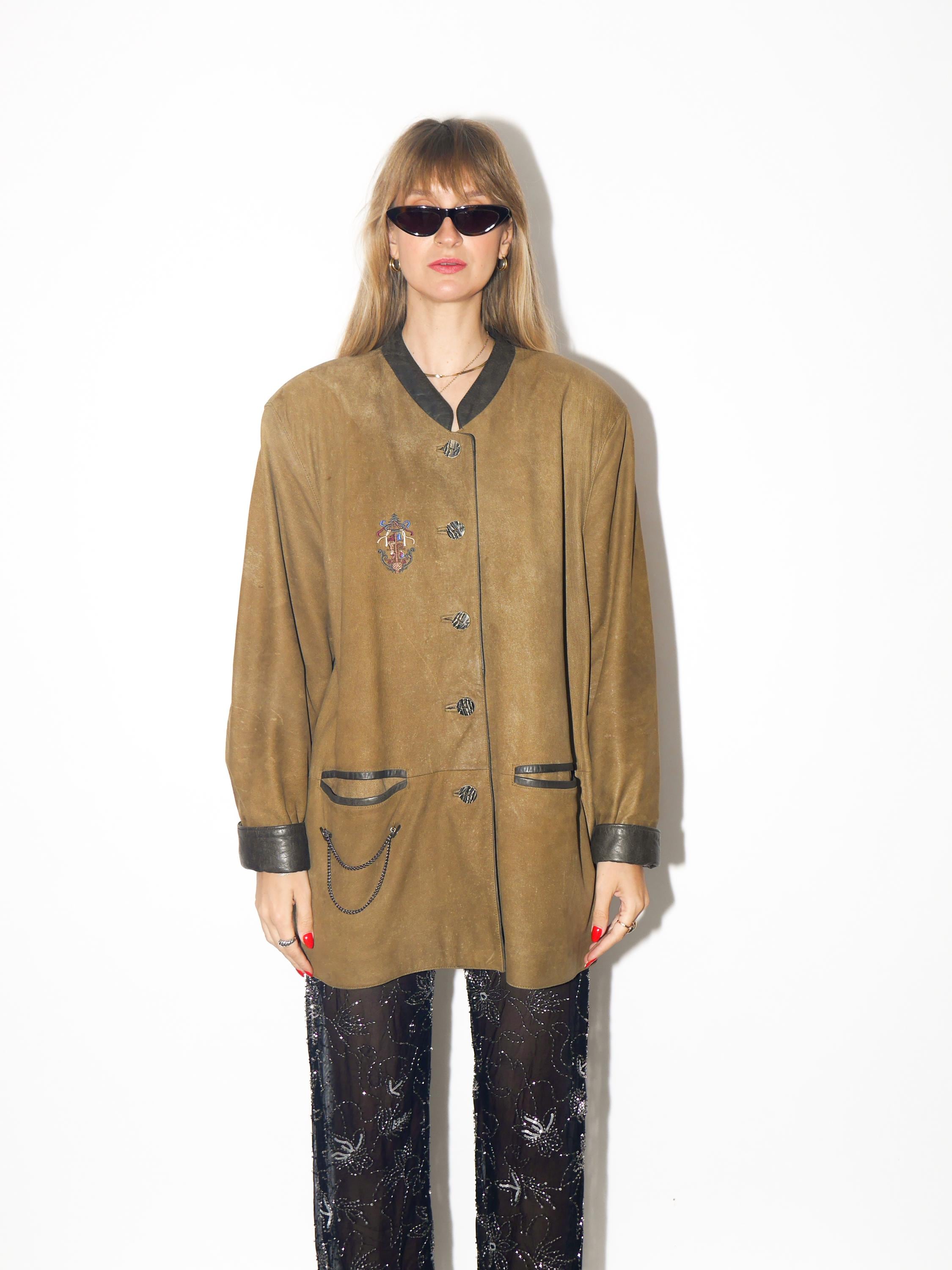 VINTAGE Khaki Brown Matte Leather Jacket With Embroidery From The 1980s by Leather Sound
