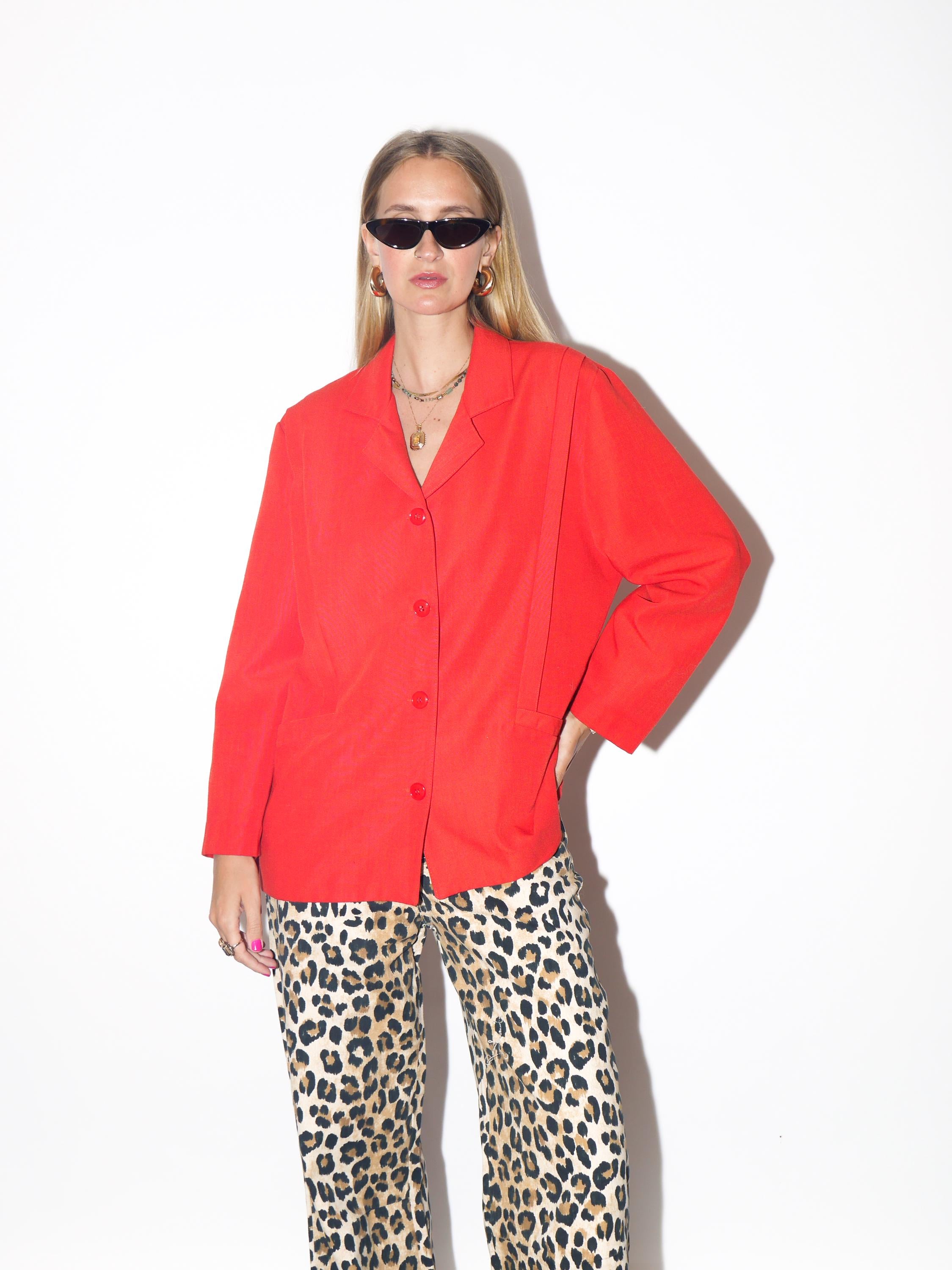 VINTAGE Cotton Raspberry Red Oversized Belted Blazer Jacket Made In Yugoslavia From The 1980s By ADD Collection