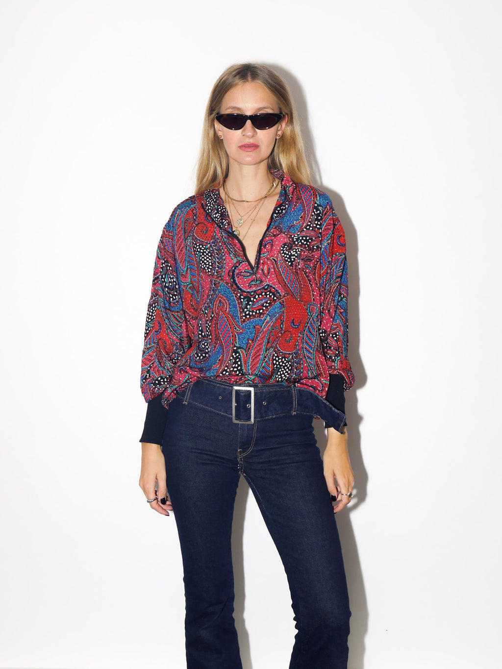 VINTAGE Red And Blue Paisley Half Zip Top With Stand-Up Collar From The 1980s By Kurt Kellermann