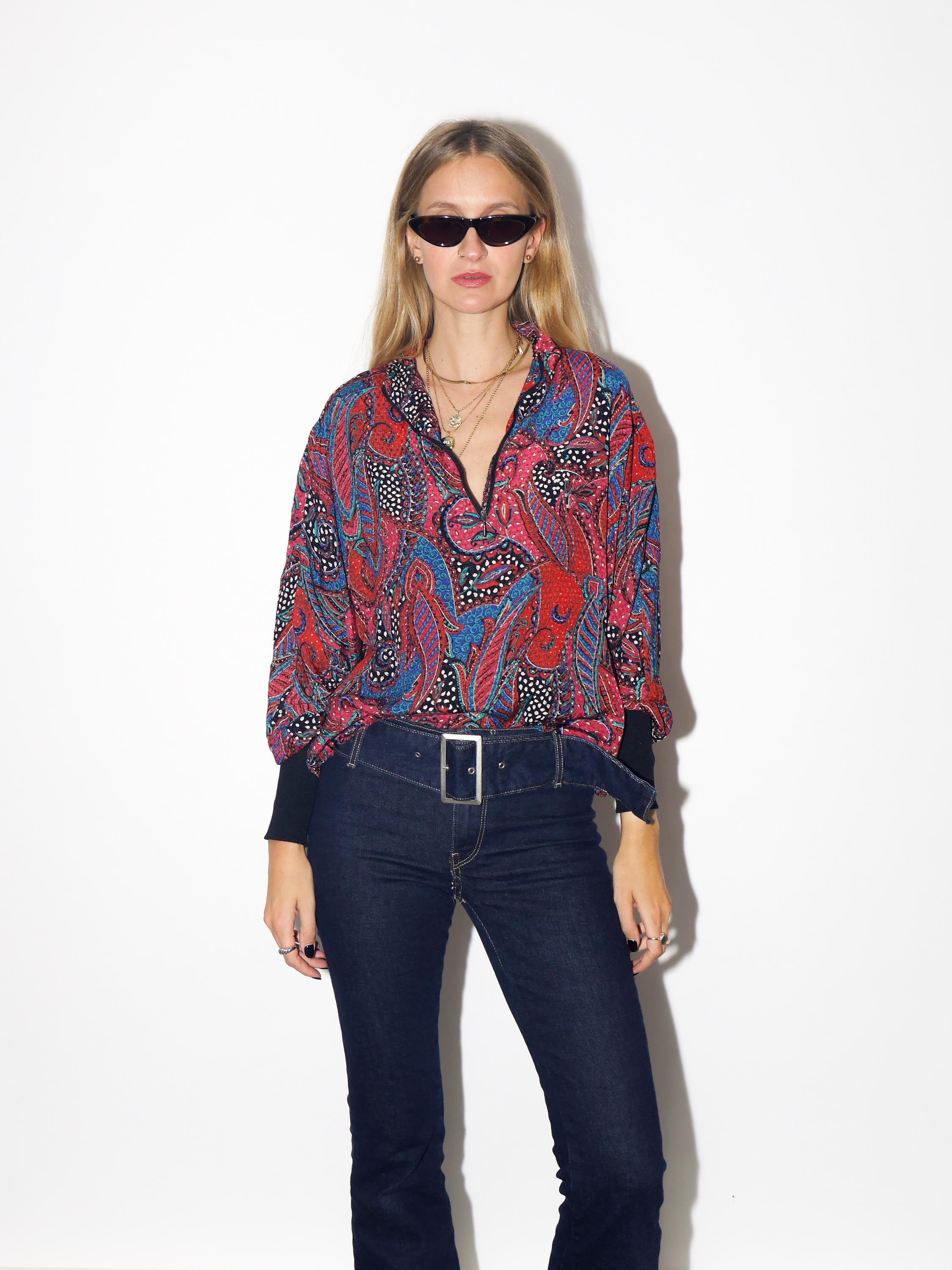 VINTAGE Red And Blue Paisley Half Zip Top With Stand-Up Collar From The 1980s By Kurt Kellermann