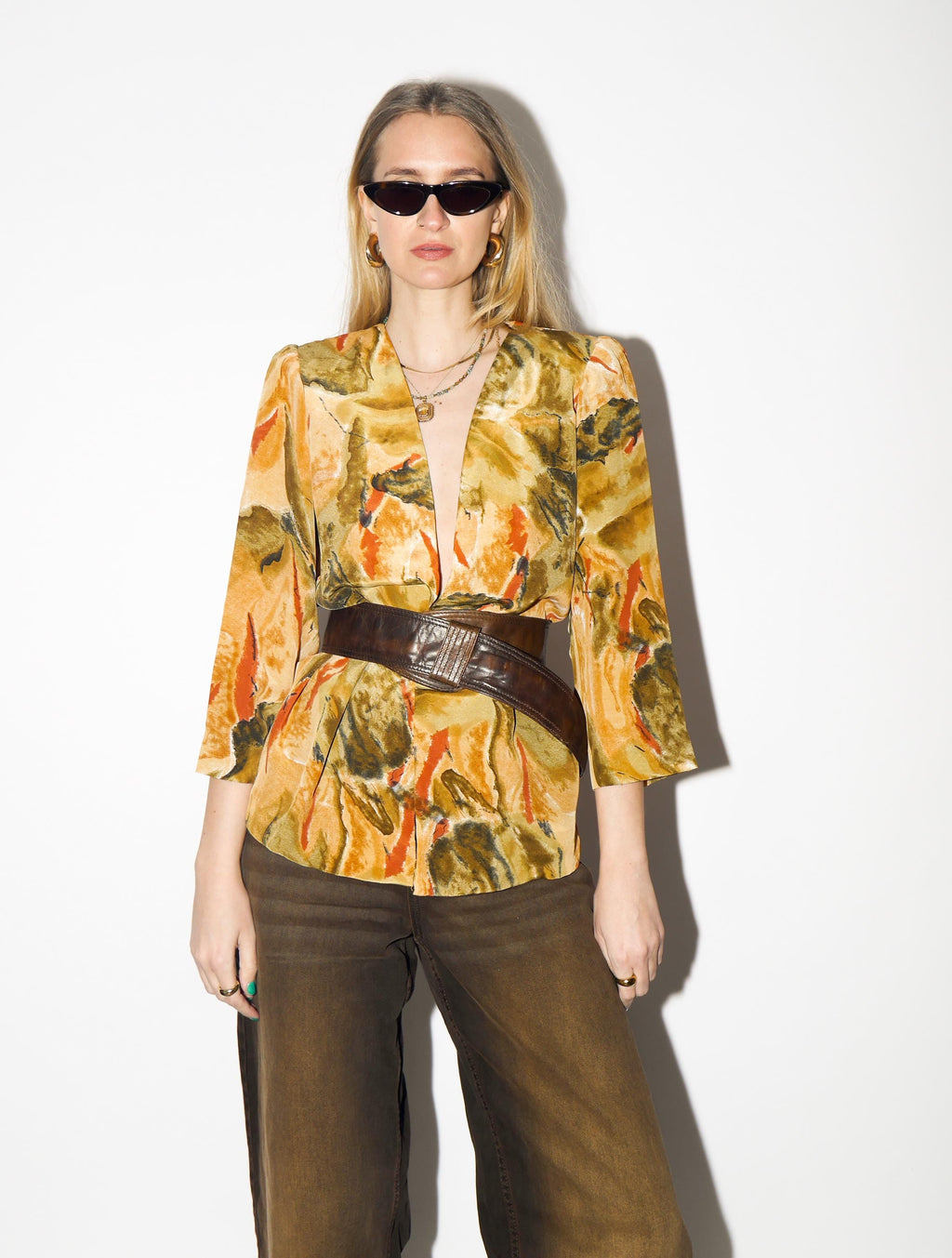 VINTAGE Yellow Abstract Blouse from 1980s | Open Front Flowy Orange Blouse