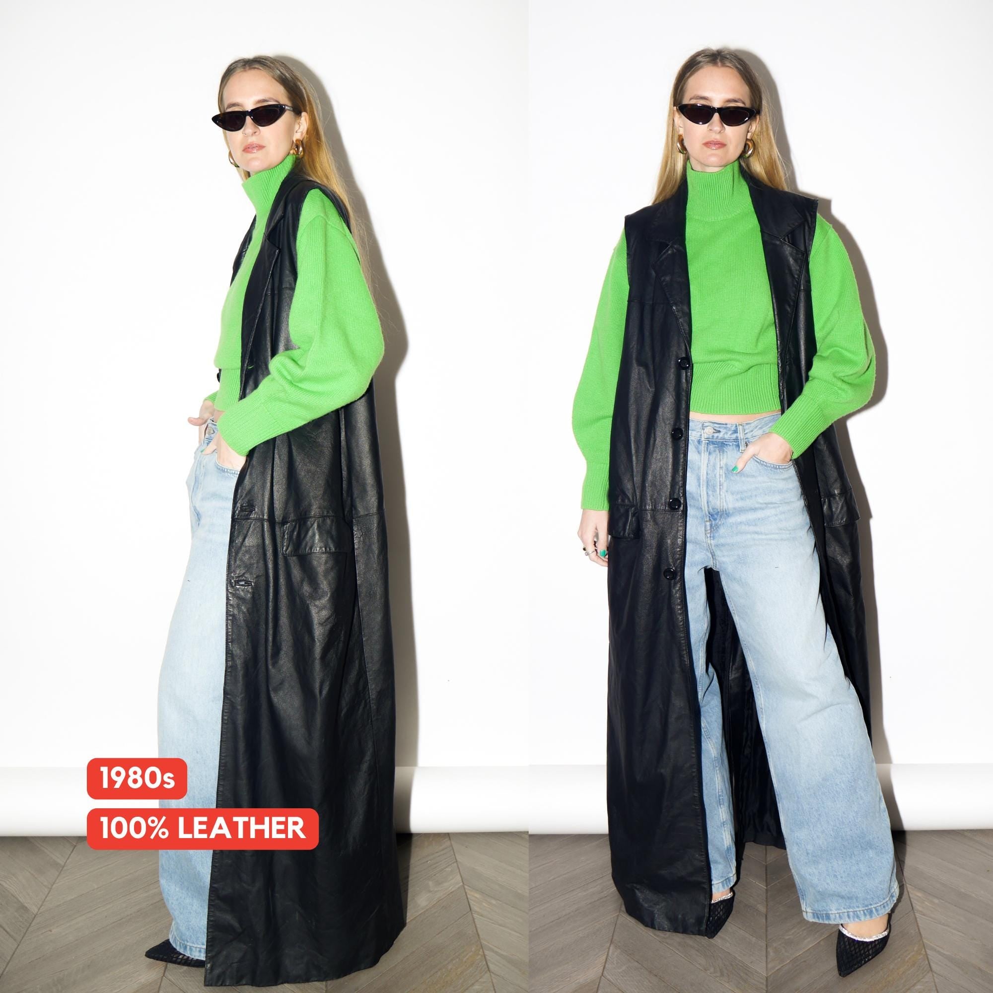 VINTAGE Black Maxi Leather Vest from 1980s | Matrix Style Long Leather Waistcoat