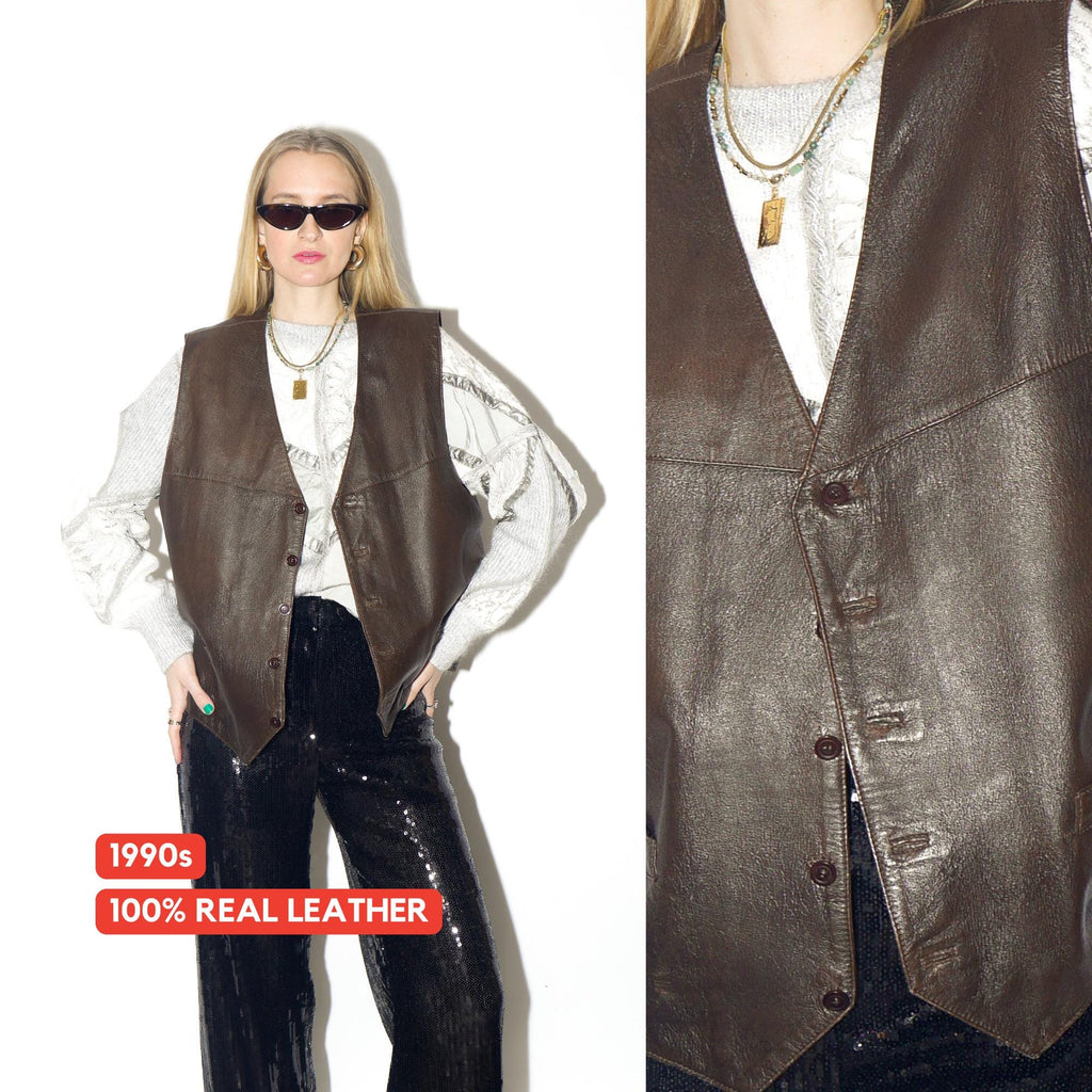 VINTAGE brown leather vest from 1990s from soft leather in oversize fit