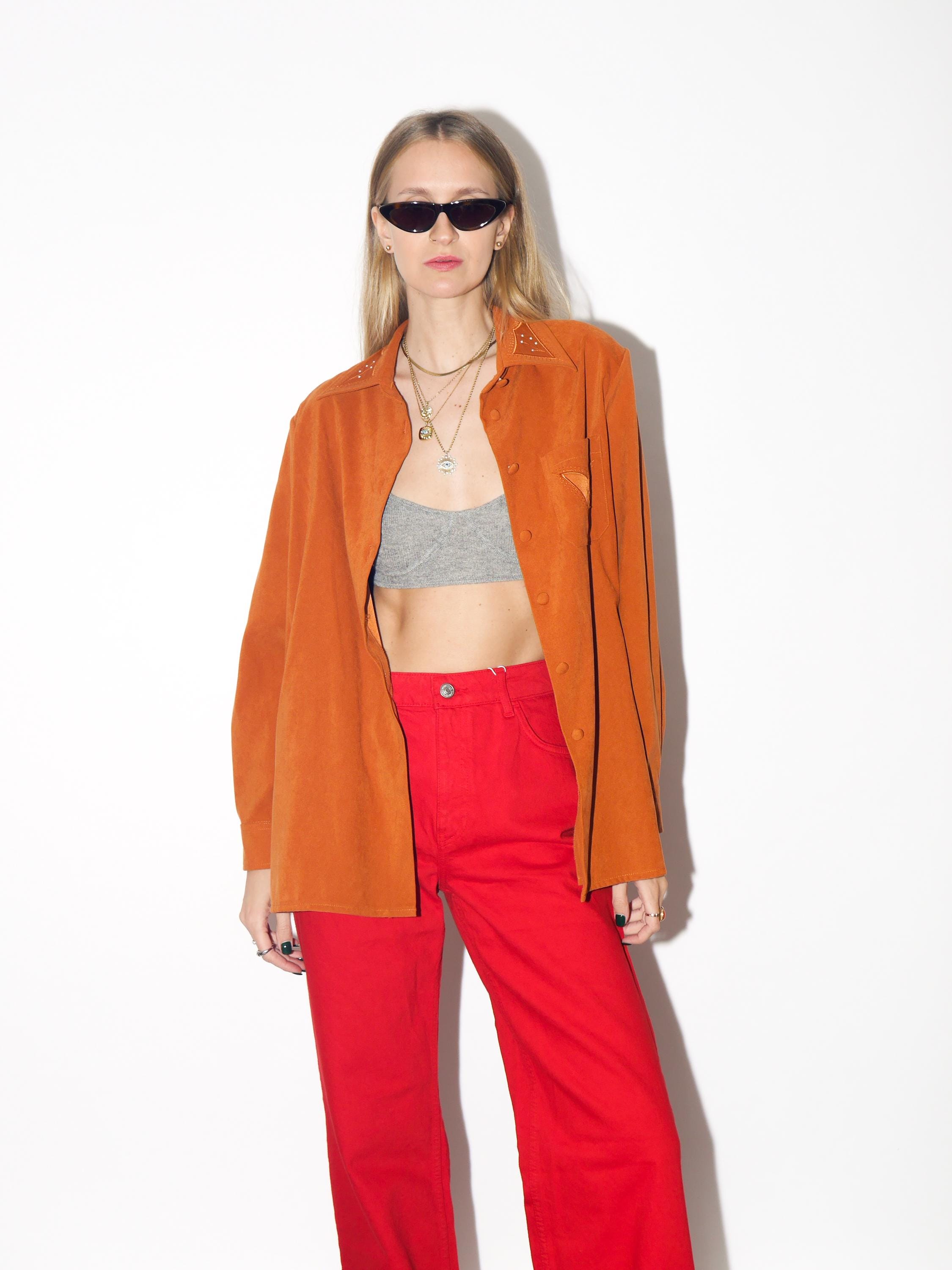 VINTAGE Rust Orange Embroidered Button Down Blouse From The 1980s