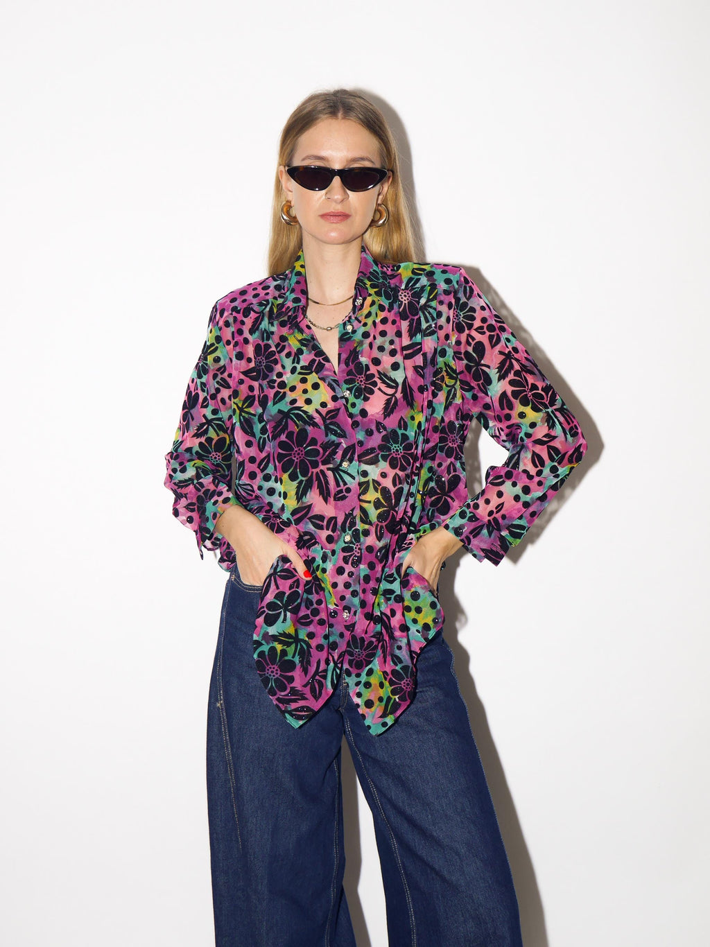VINTAGE glitter blouse with purple floral pattern and sheer fabric from 1980s