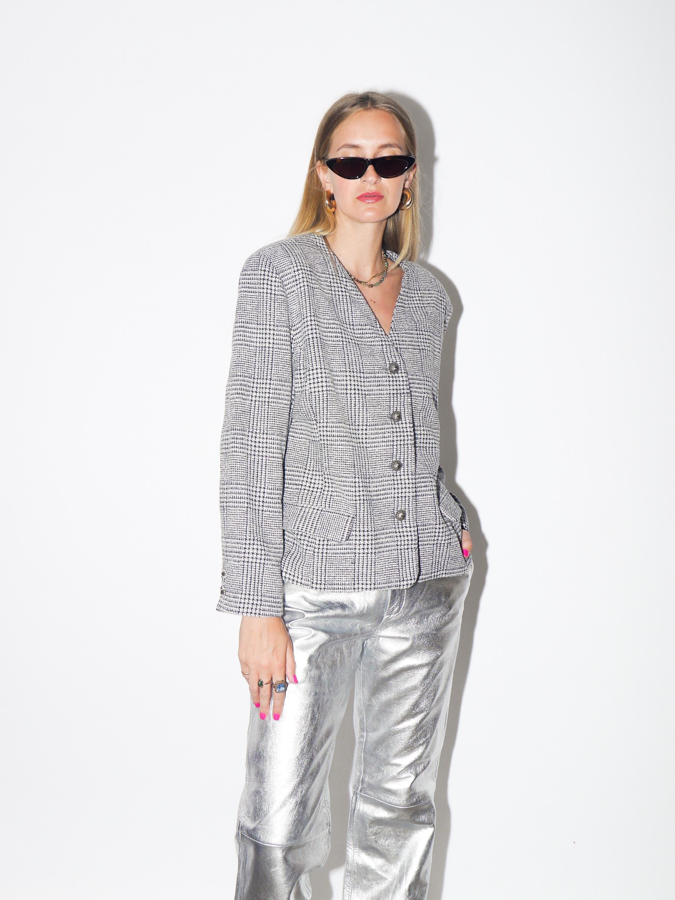 VINTAGE Grey Checked Wool Blazer With Glitter Thread And Decorative Buttons From The 1980s (Tailor Made)