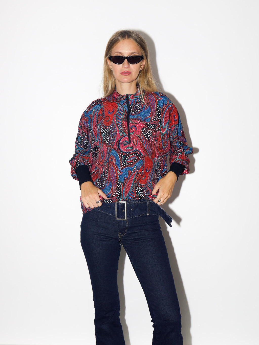 VINTAGE Red And Blue Paisley Half Zip Top With Stand-Up Collar From The 1980s By Kurt Kellermann