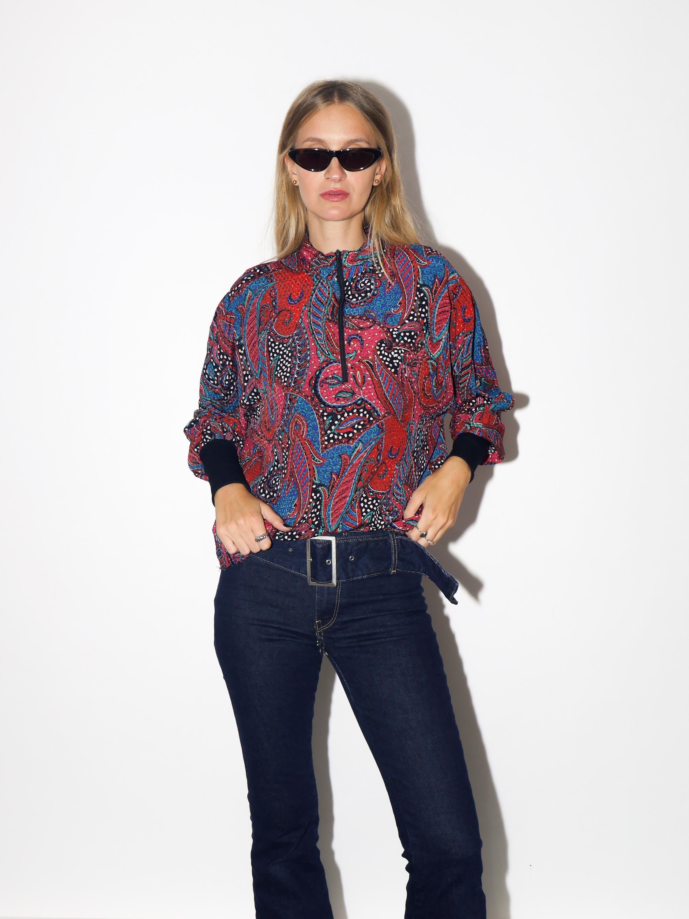 VINTAGE Red And Blue Paisley Half Zip Top With Stand-Up Collar From The 1980s By Kurt Kellermann