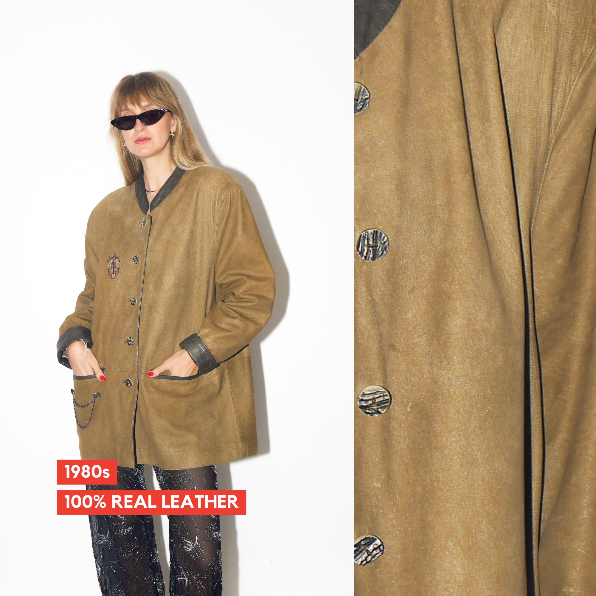 VINTAGE Khaki Brown Matte Leather Jacket With Embroidery From The