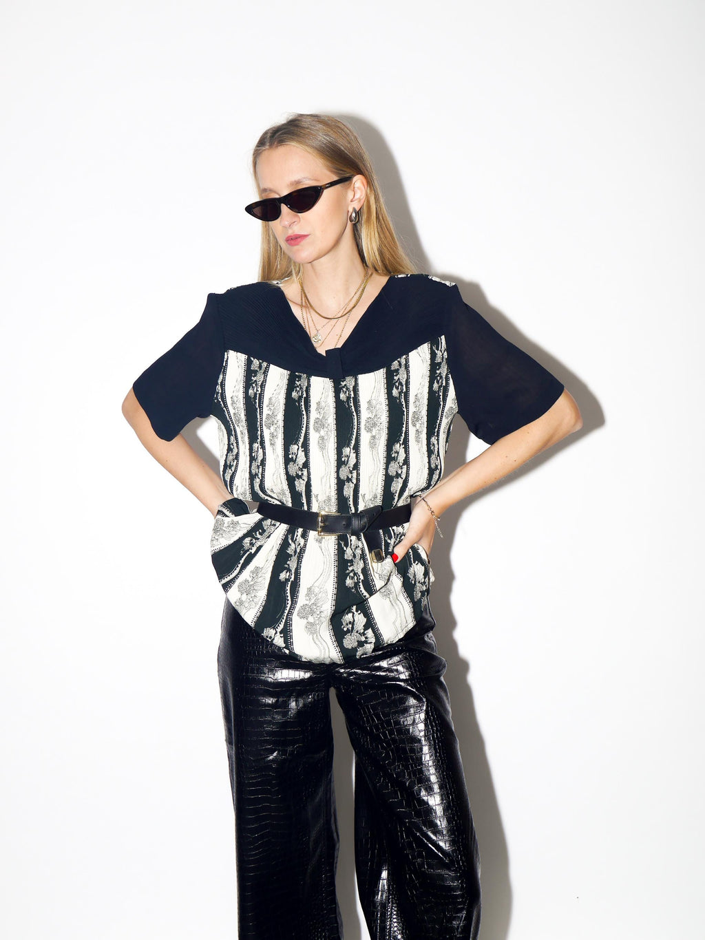VINTAGE Black And White Pleated Floral Blouse From The 1980s By Options Fashion
