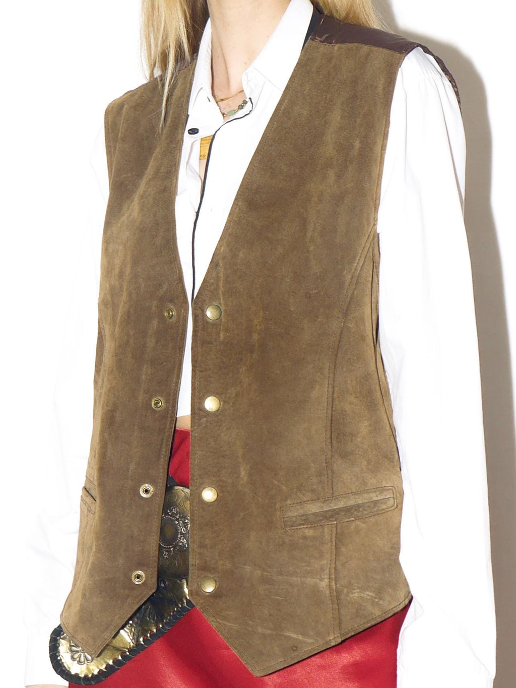 VINTAGE bronze suede vest from 1990s in light brown leather in oversize fit