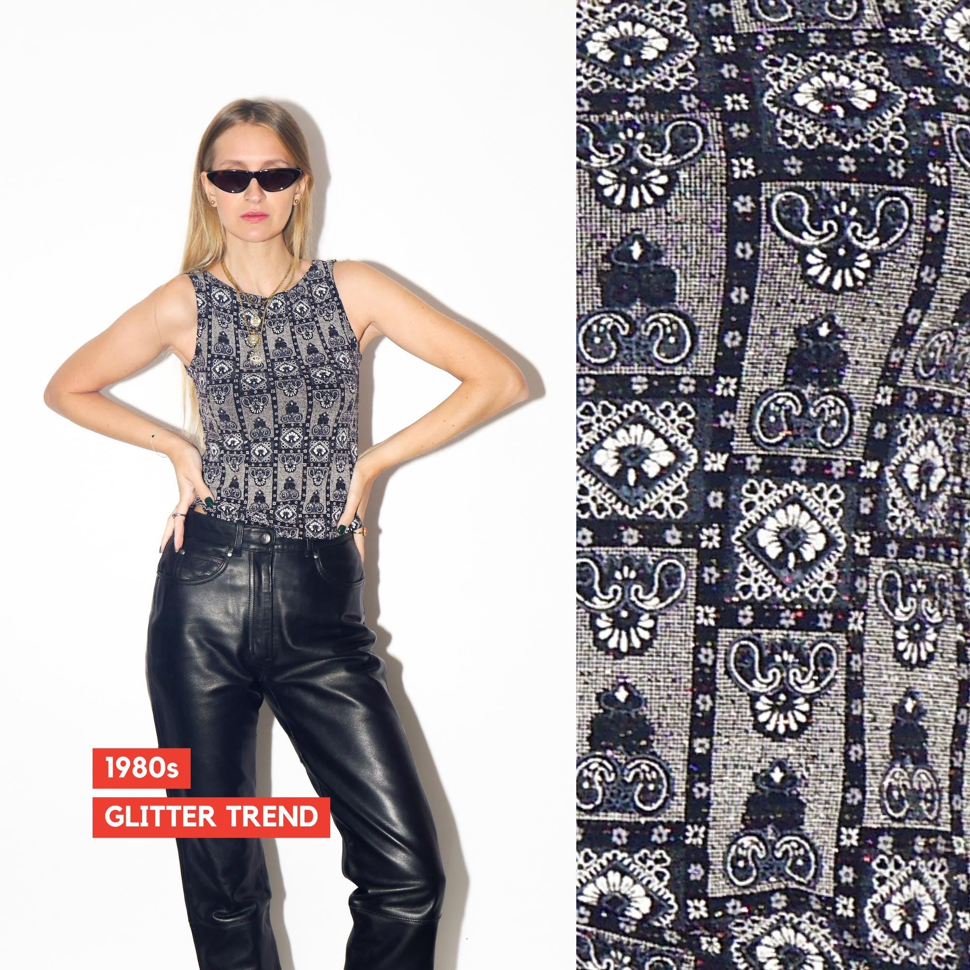 VINTAGE Black Glittery Sleeveless Tank Top With Structural Pattern From The 1980s