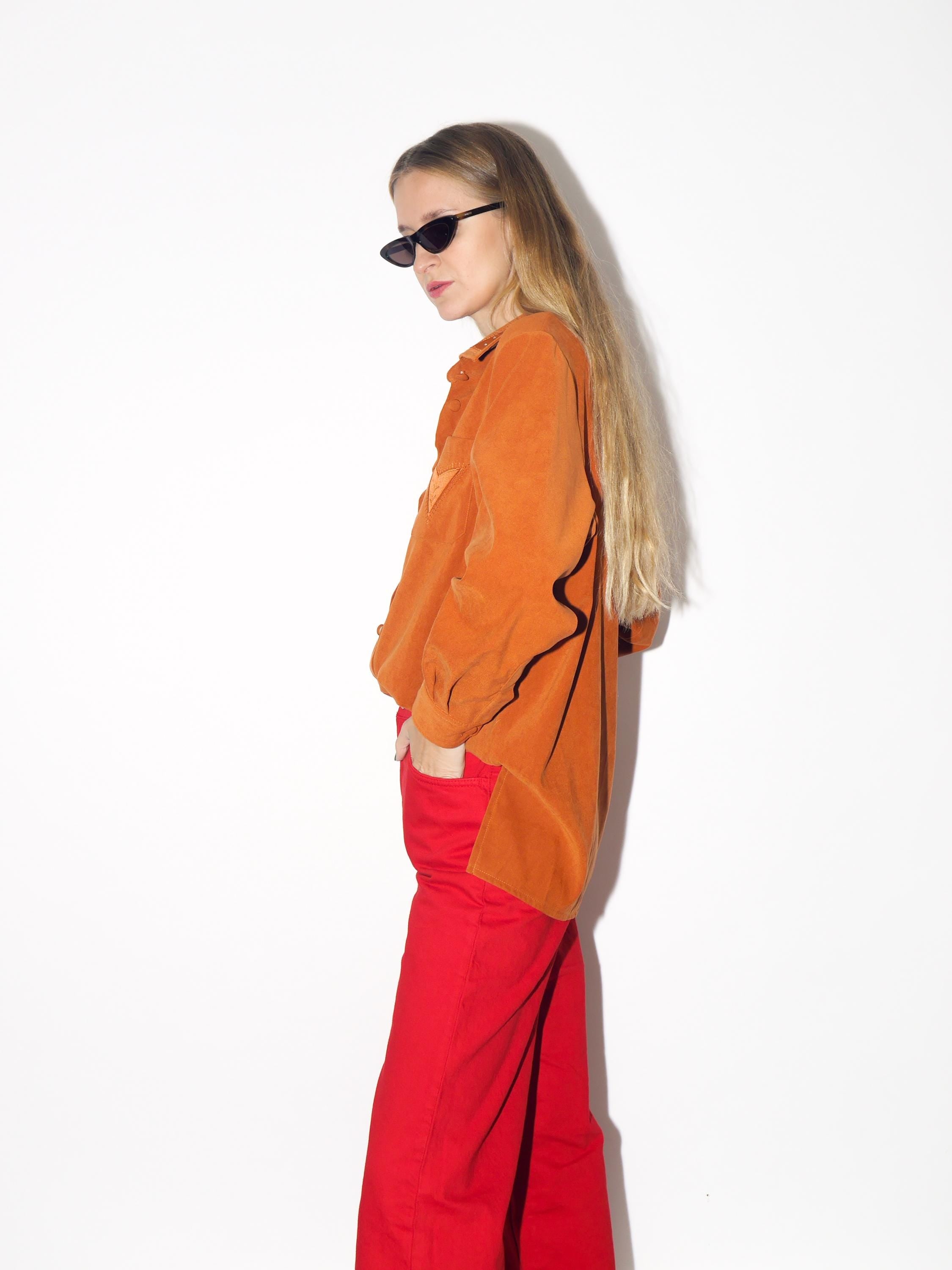 VINTAGE Rust Orange Embroidered Button Down Blouse From The 1980s