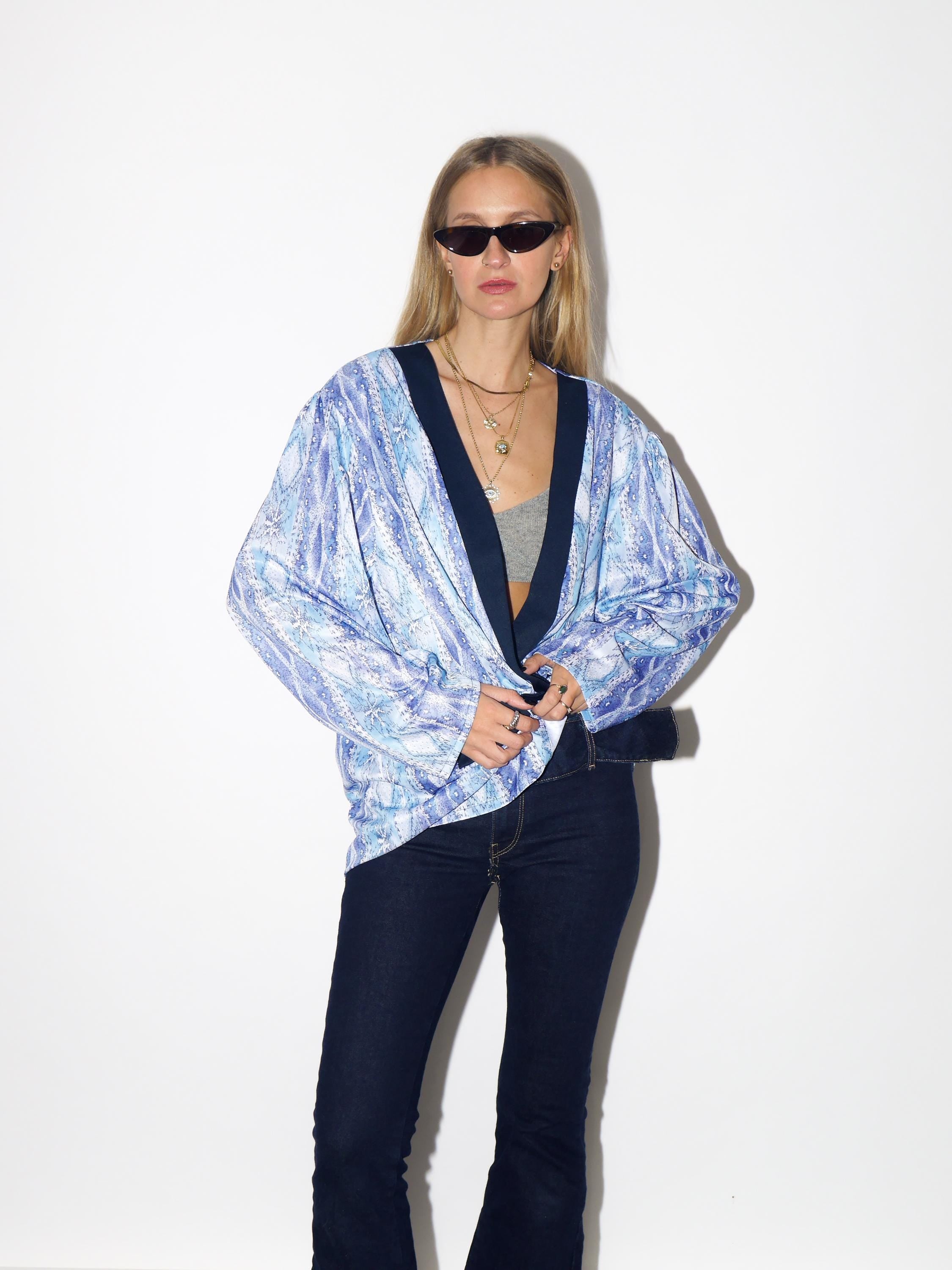 VINTAGE Navy Abstract Print Blazer From The 1980s With Navy Trim