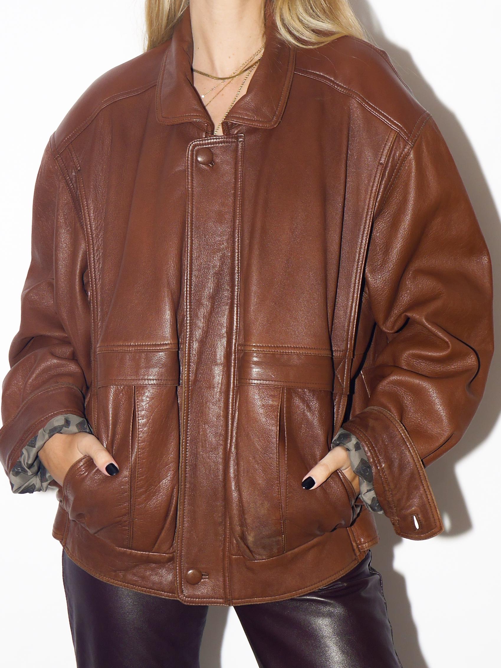 VINTAGE Cognac Leather Oversized Jacket From 1980s With Shoulder Pads By Chock Leather Center