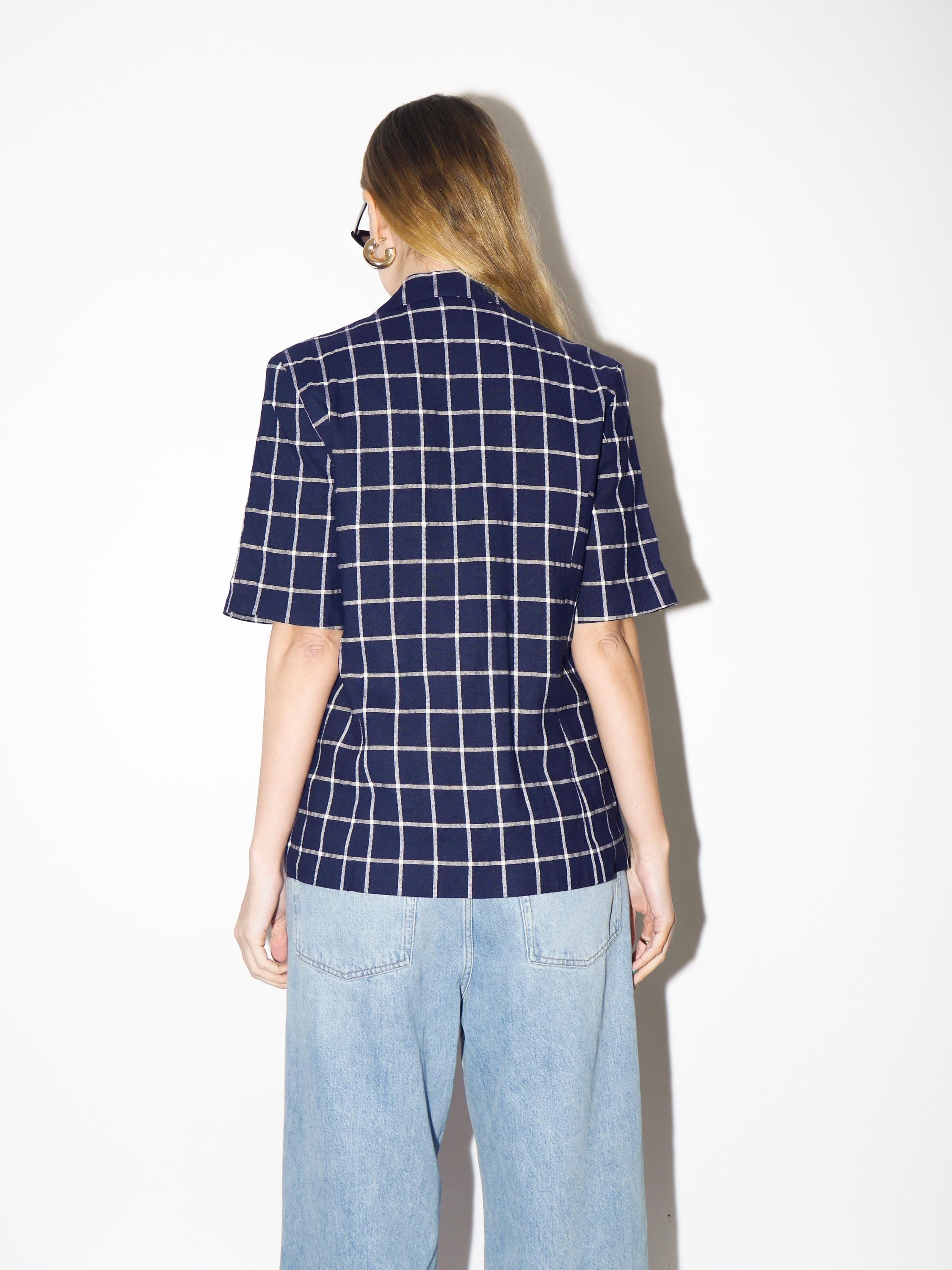 VINTAGE Navy Checked Short Sleeve Blazer from 1990s made of Viscose and Linen