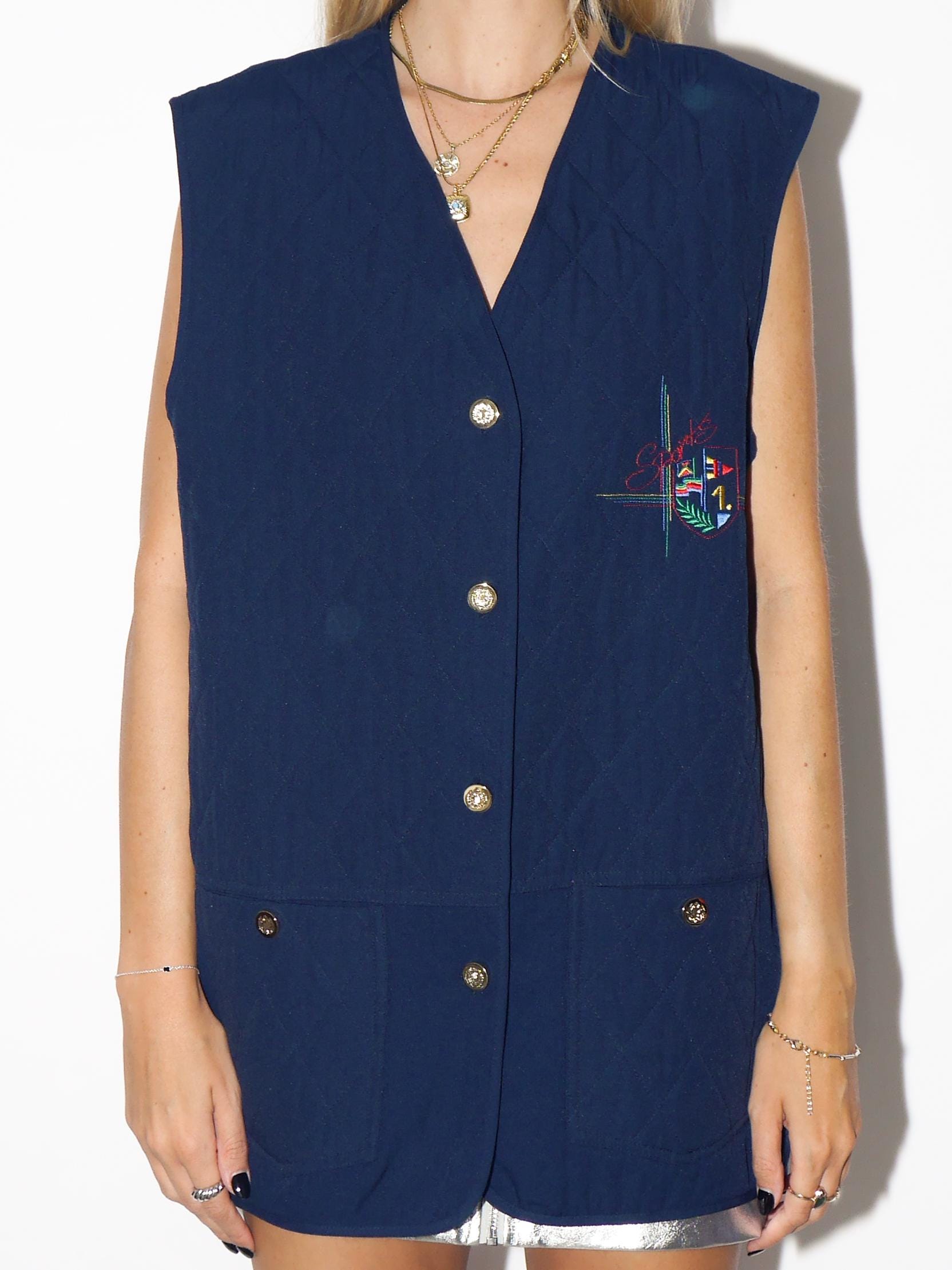 VINTAGE Navy Viscose Blend Quilted Vest From The 1980s With Gold Buttons And Sports Emblem