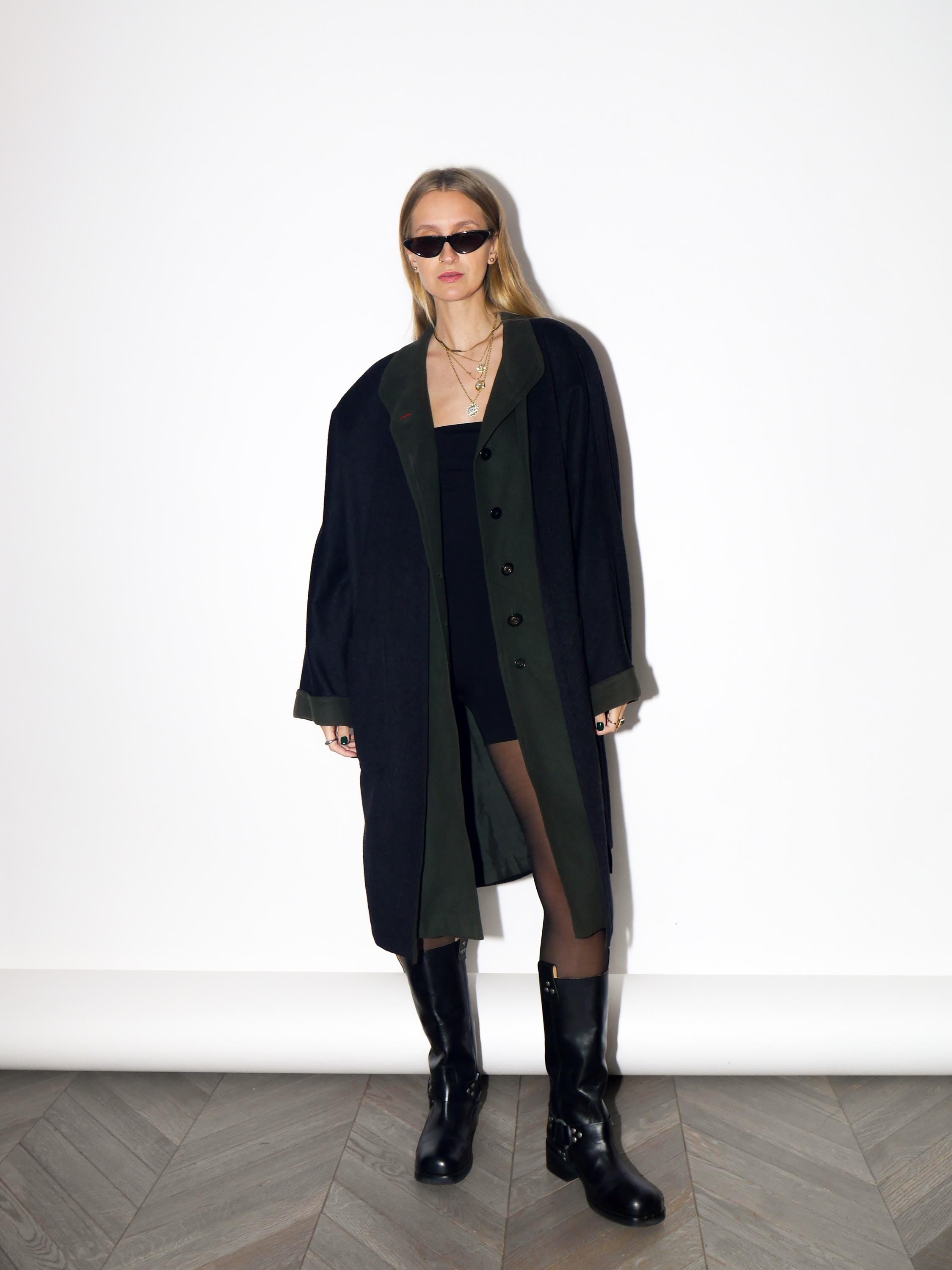 VINTAGE Dark Gray And Forest Green Wool Cashmere Oversized Coat From The 1980s