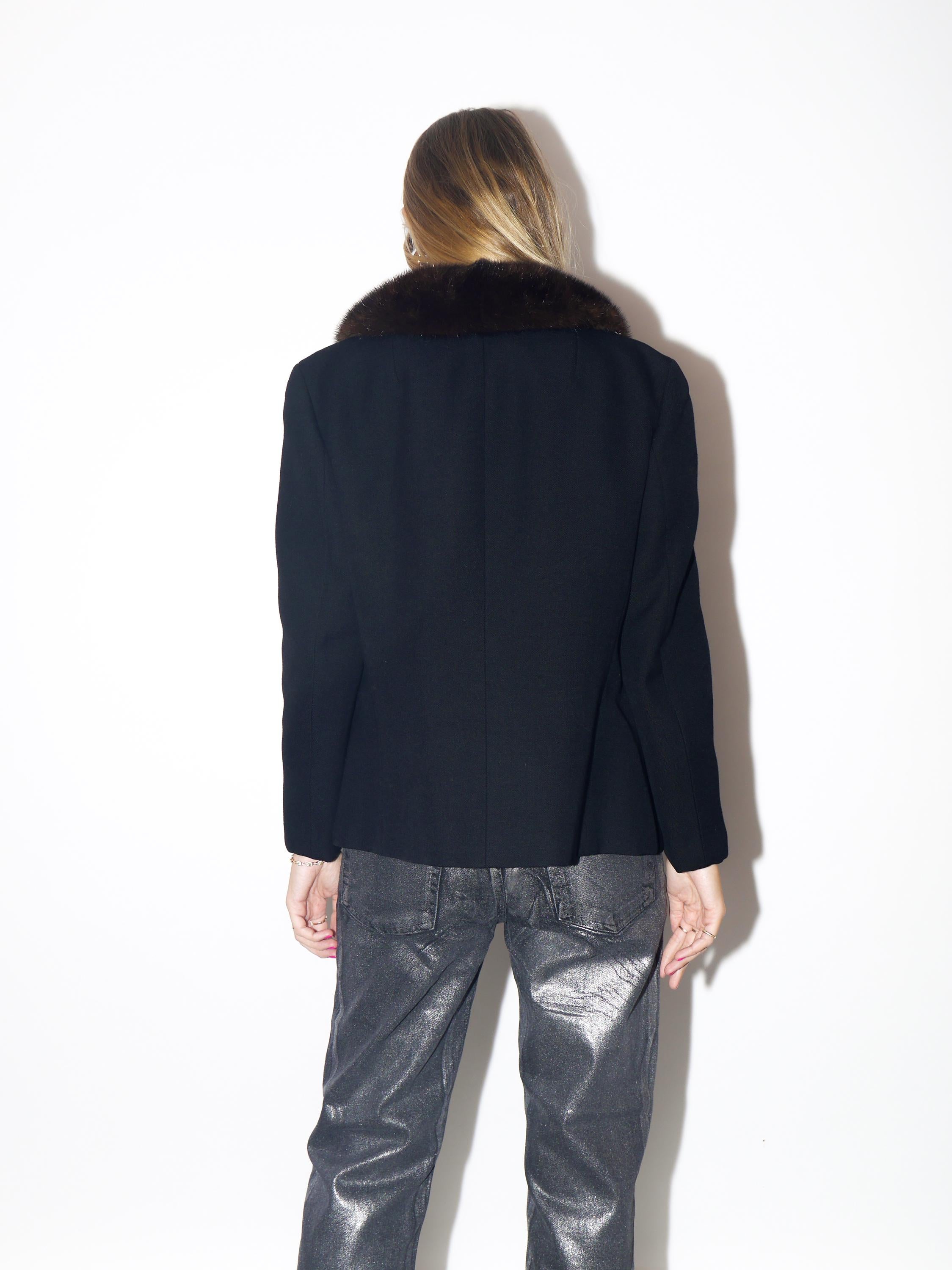 VINTAGE Wool Black Blazer With Real Brown Fur Collar From The 1980s By Maris