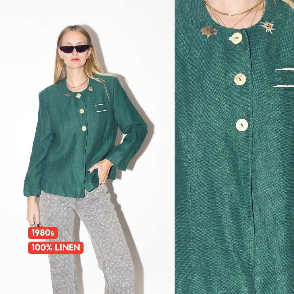 VINTAGE Bottle Green Austrian Folk Linen Blazer From The 1980s