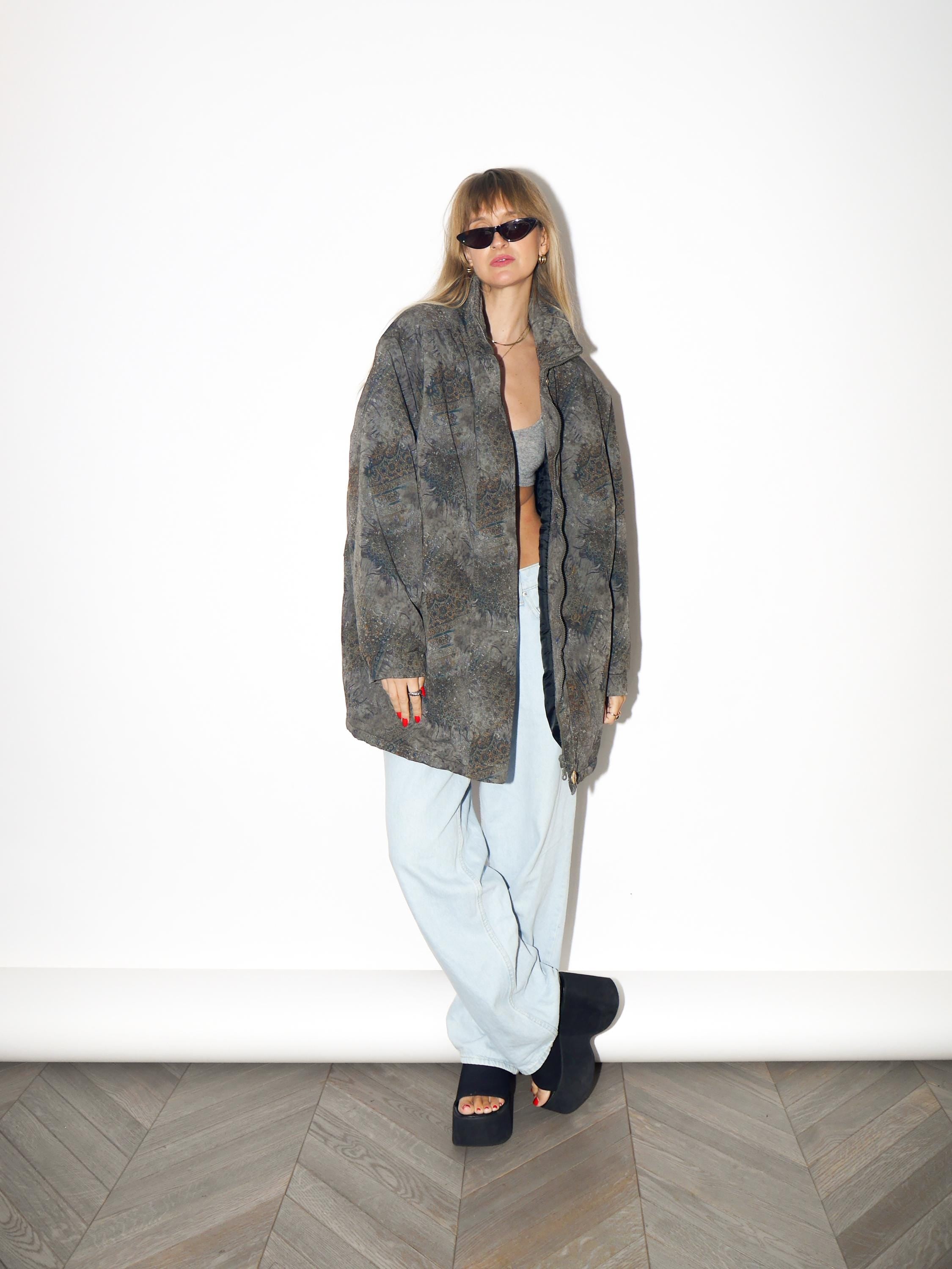VINTAGE Green And Gold Oversized Parka With Abstract Pattern From The 1980s