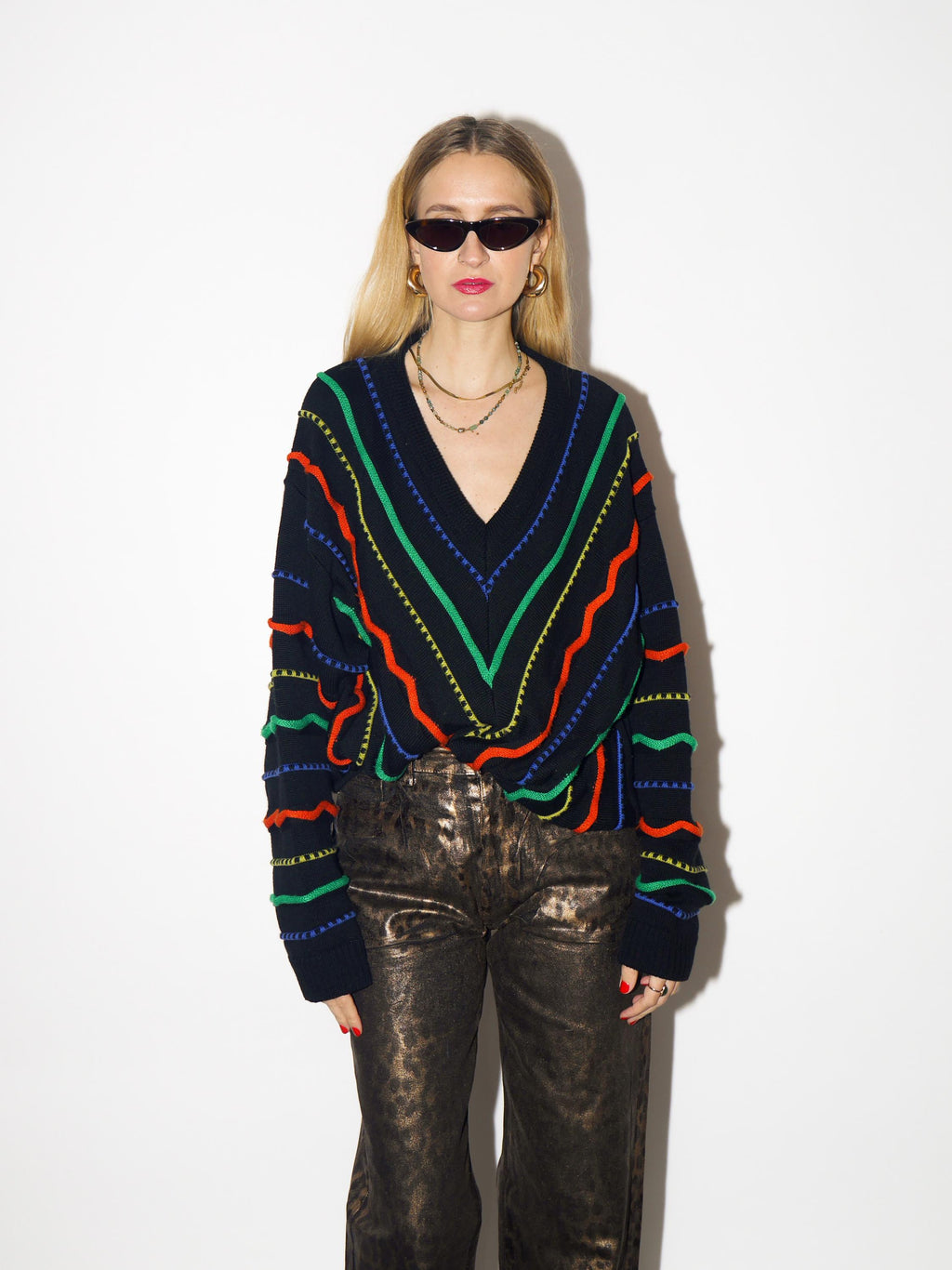 VINTAGE sweater, oversized black pullover with merino wool and cotton from 1980s