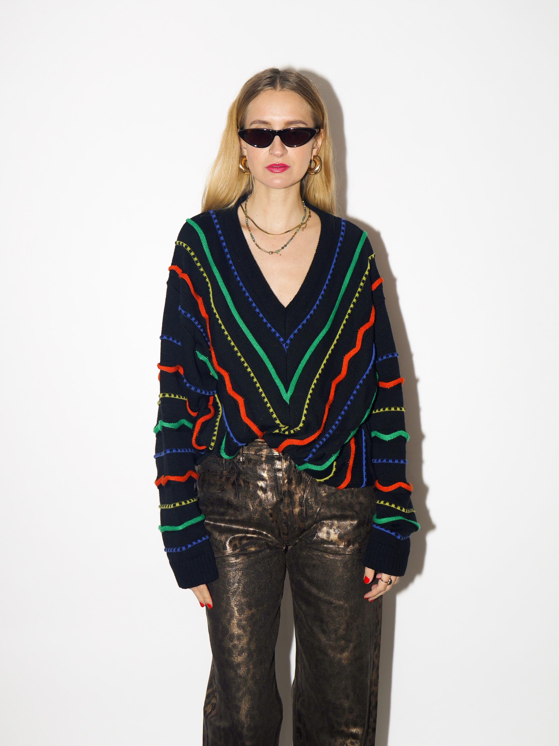 VINTAGE sweater, oversized black pullover with merino wool and cotton from 1980s