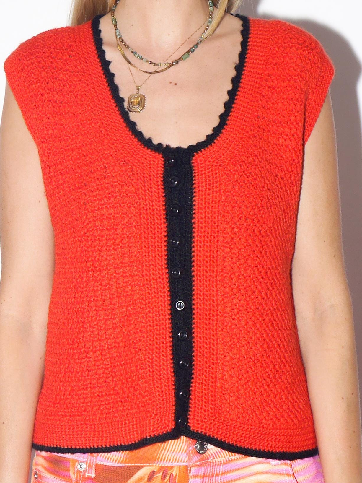 VINTAGE Red 100% Wool Hand-Knitted Vest From 1970s With Black Details And Buttons