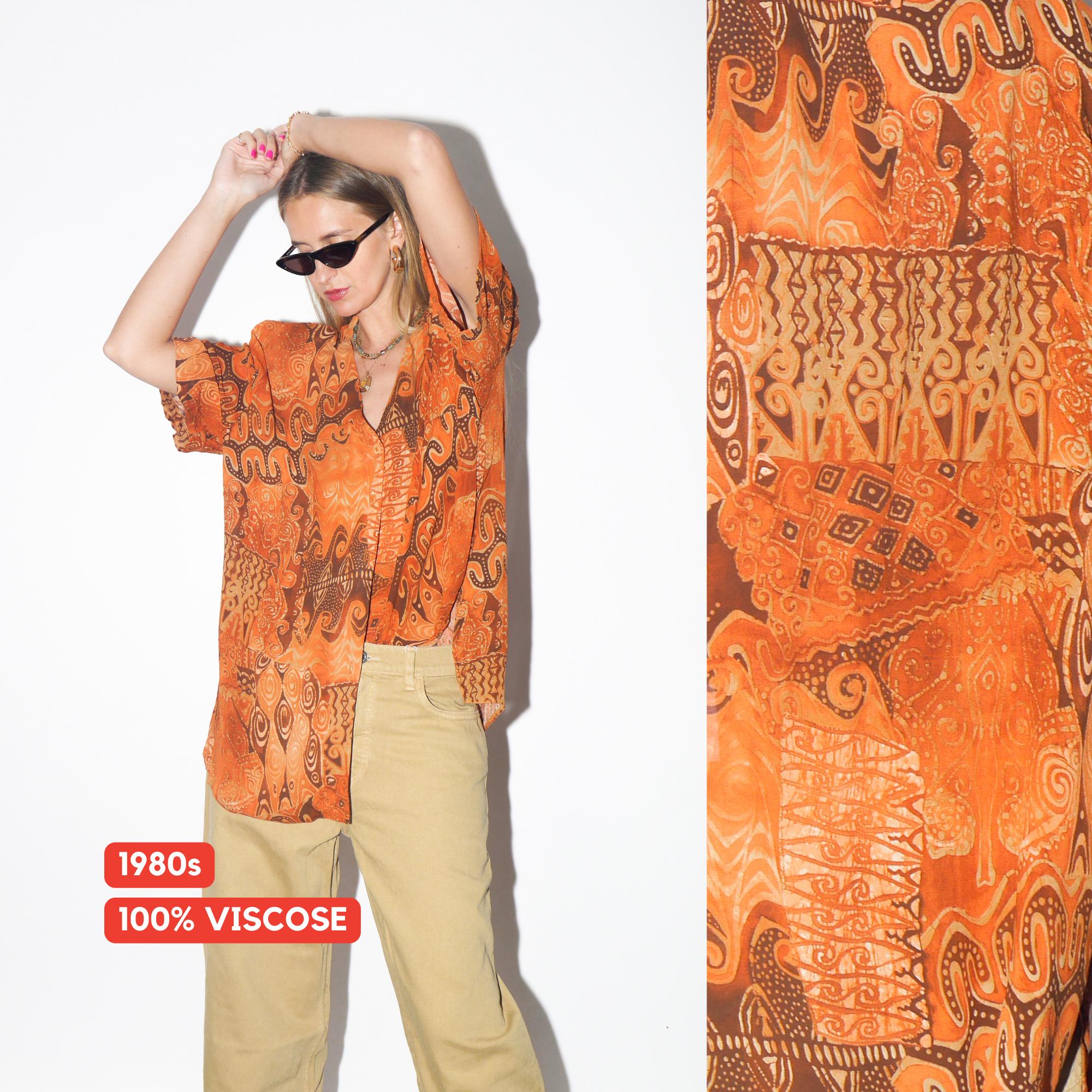 VINTAGE Viscose Orange Abstract Oversized Short Sleeve Blouse With Opalescent Buttons And Shoulder Pads From The 1980s By Domino