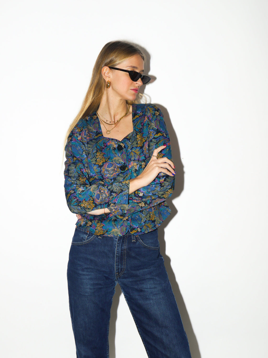 VINTAGE shirt 1980s | Topsi jacquard heart shaped neck blouse | vintage blue and yellow floral top | premium vintage blouse