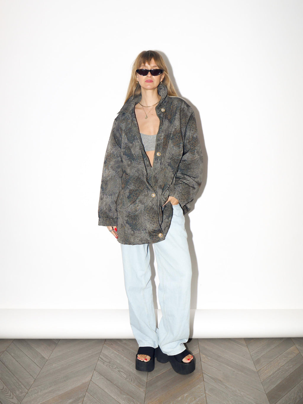 VINTAGE Green And Gold Oversized Parka With Abstract Pattern From The 1980s