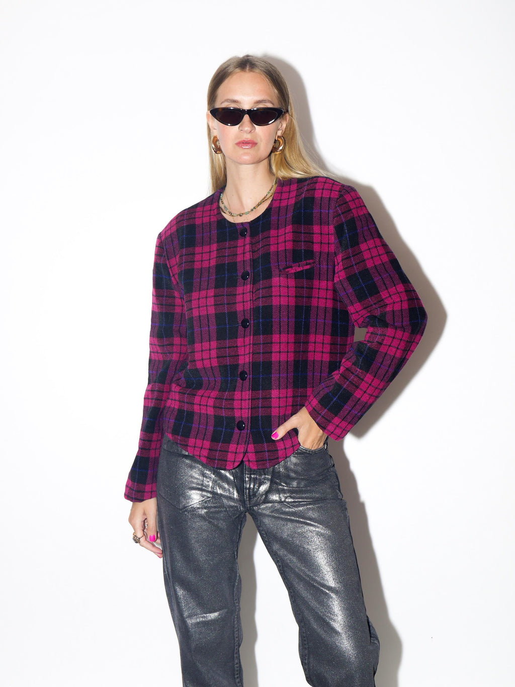 VINTAGE Wool Magenta And Black Checked Asymmetric Blazer With Shoulder Pads From The 1980s By City Design