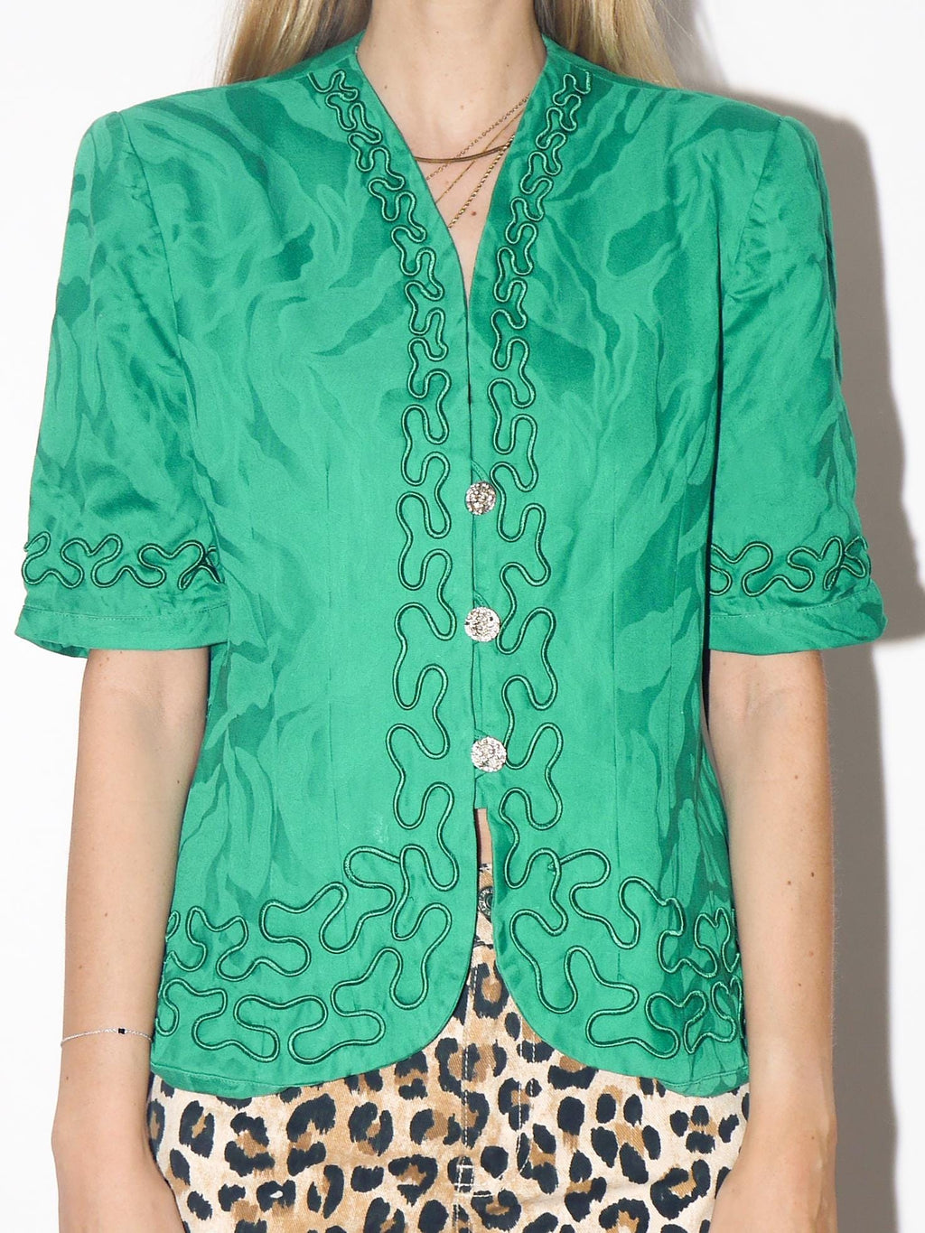 VINTAGE Green Short Sleeve Blouse With Silver Buttons From The 1980s