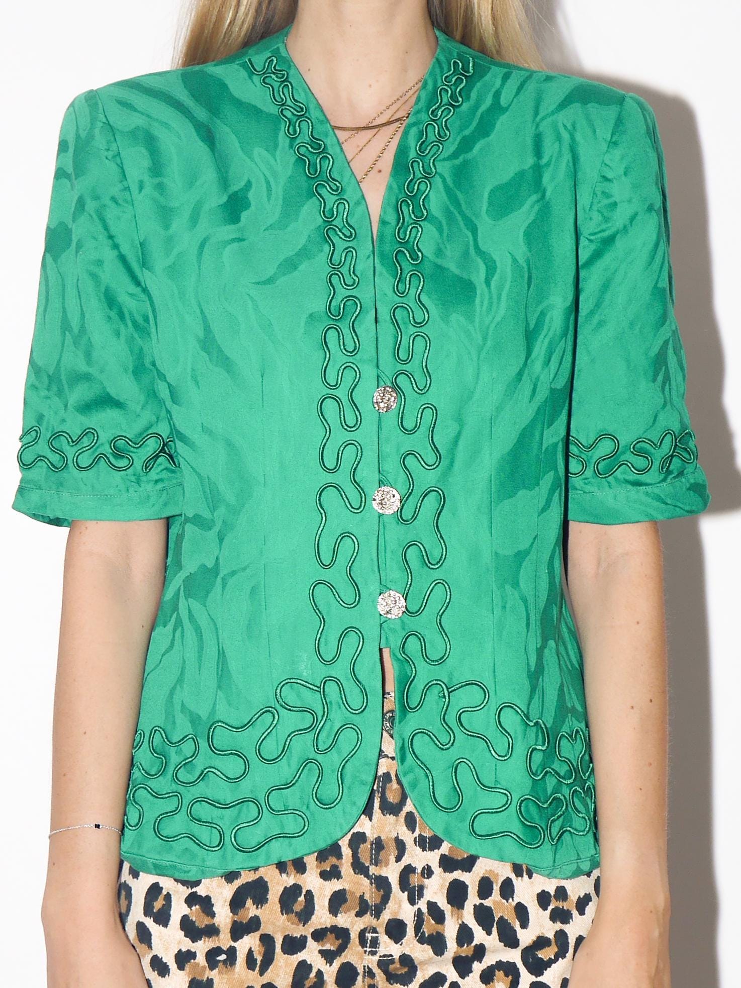 VINTAGE Green Short Sleeve Blouse With Silver Buttons From The 1980s