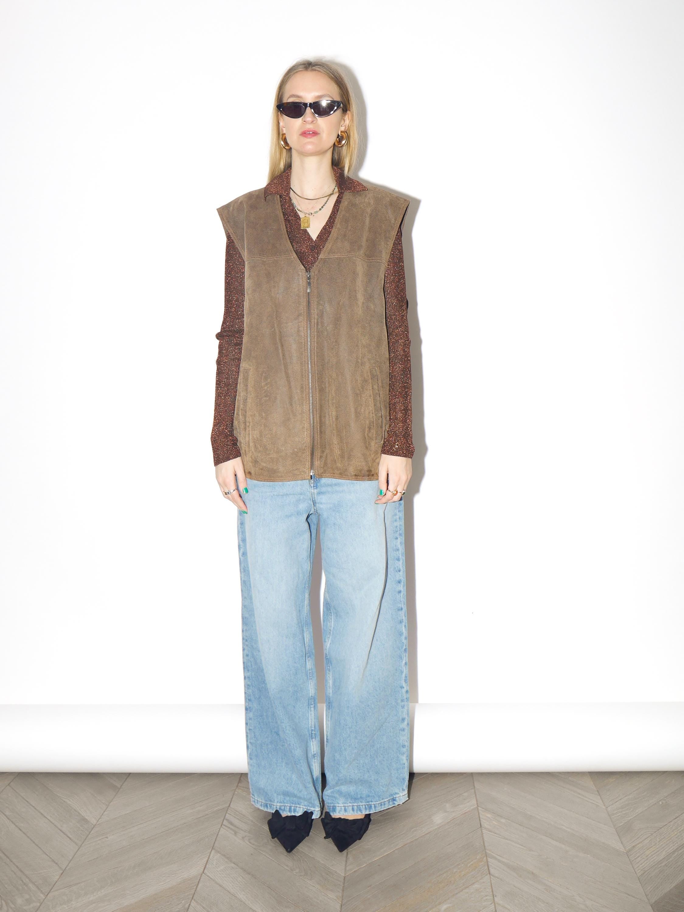VINTAGE Khaki Suede Vest from 1980s | Big Oversize Beige Leather Vest by Canada®