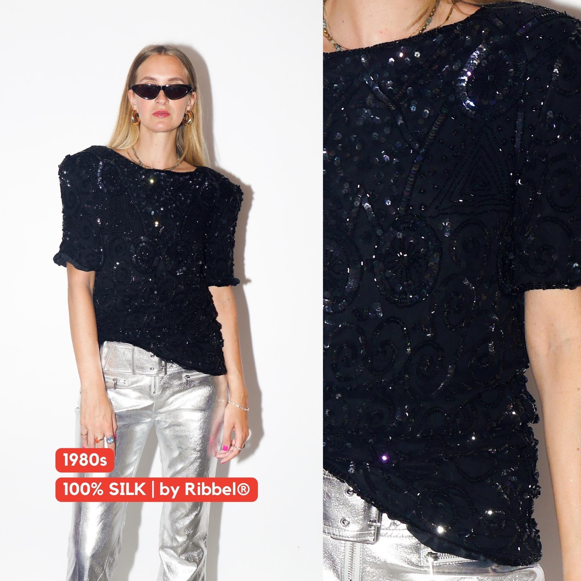 VINTAGE Black Silk Short Sleeve Sequin Blouse With Shoulder Pads From The 1980s By Ribbel