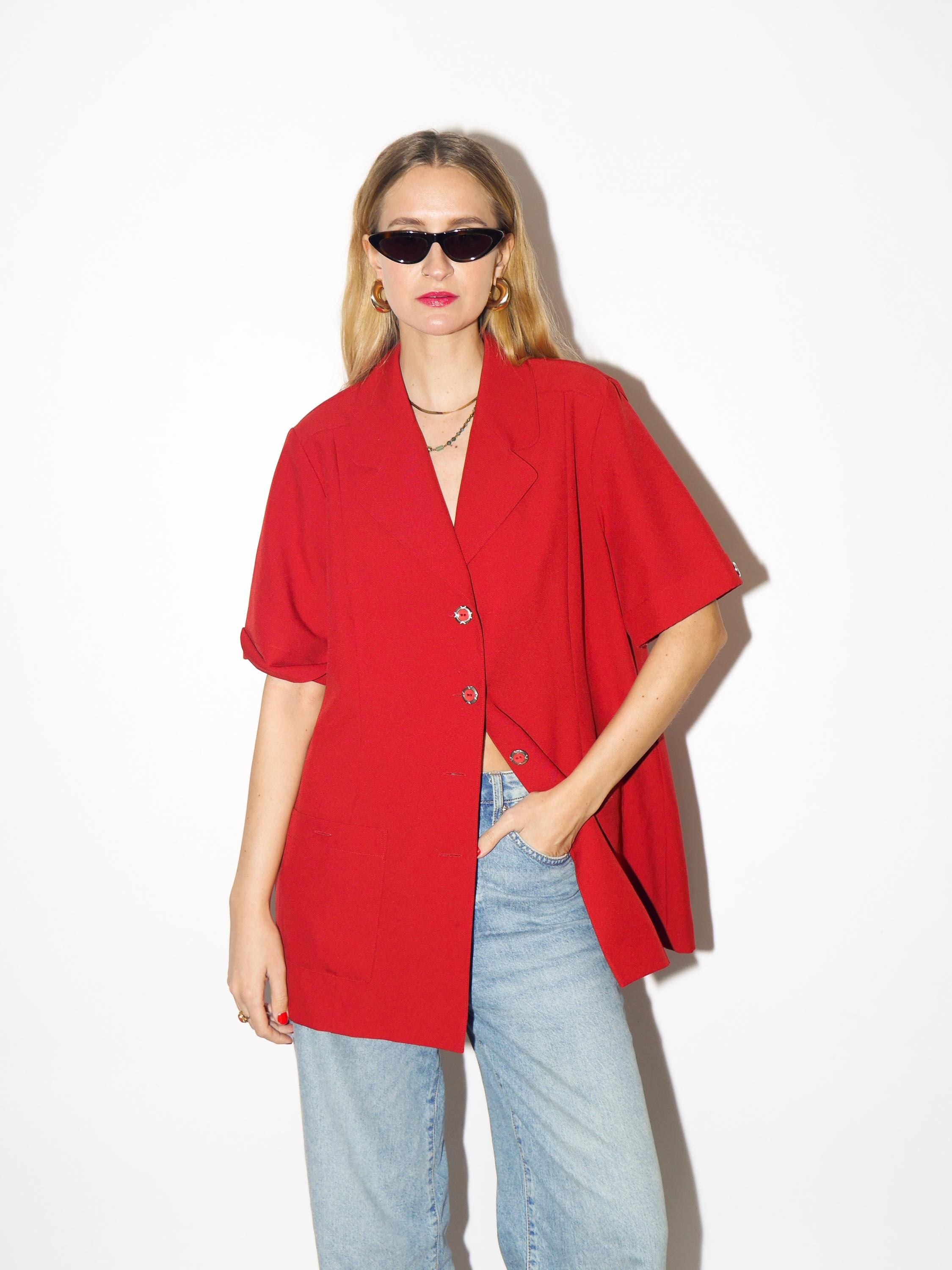 VINTAGE red blazer from 1980s, long blazer with short sleeve and gold buttons