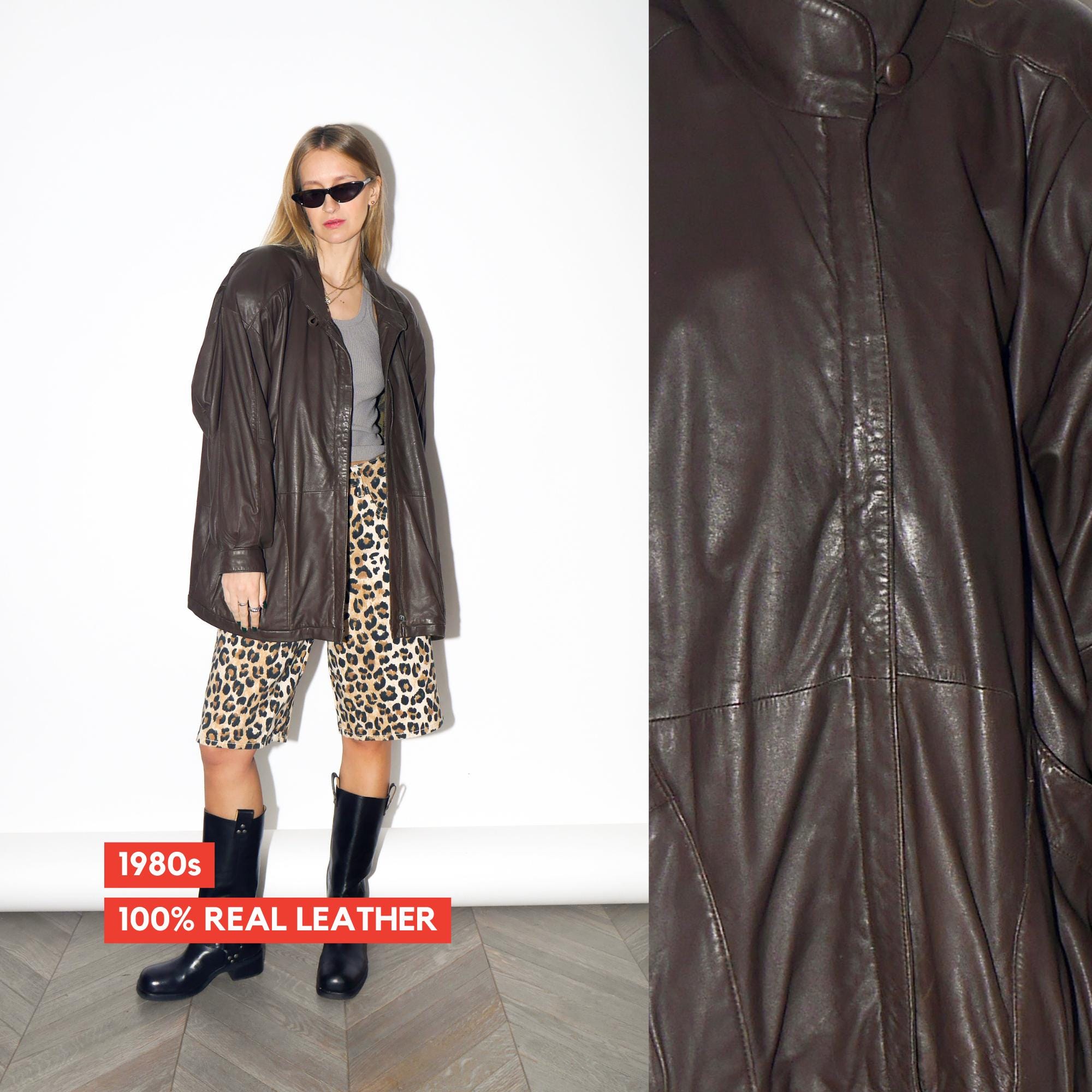 VINTAGE Chocolate Brown Oversized Leather Jacket From The 1980s With Balloon Lining