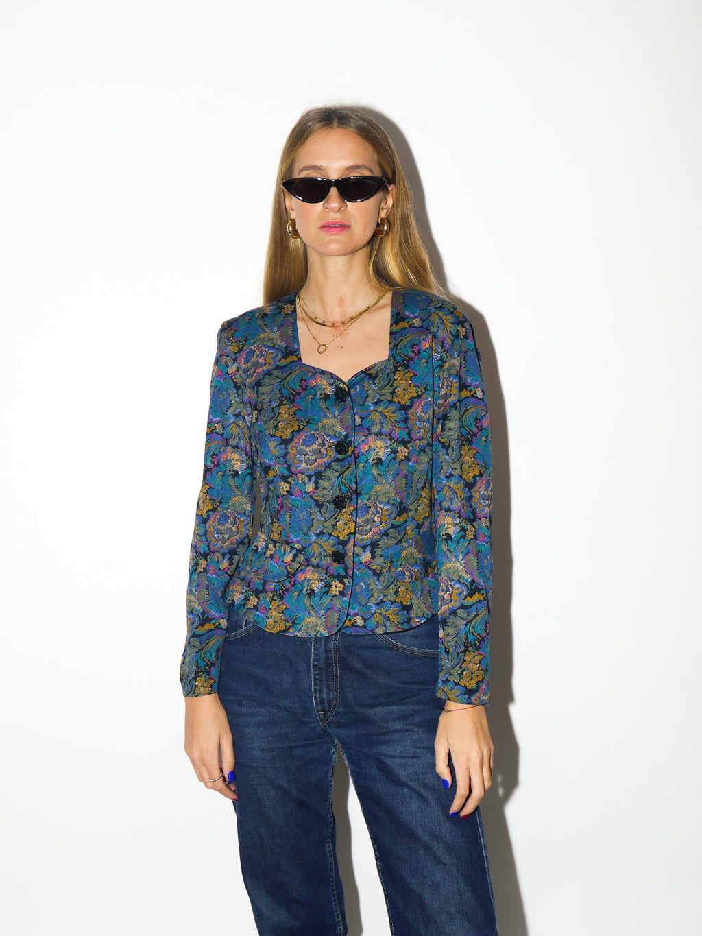 VINTAGE shirt 1980s | Topsi jacquard heart shaped neck blouse | vintage blue and yellow floral top | premium vintage blouse