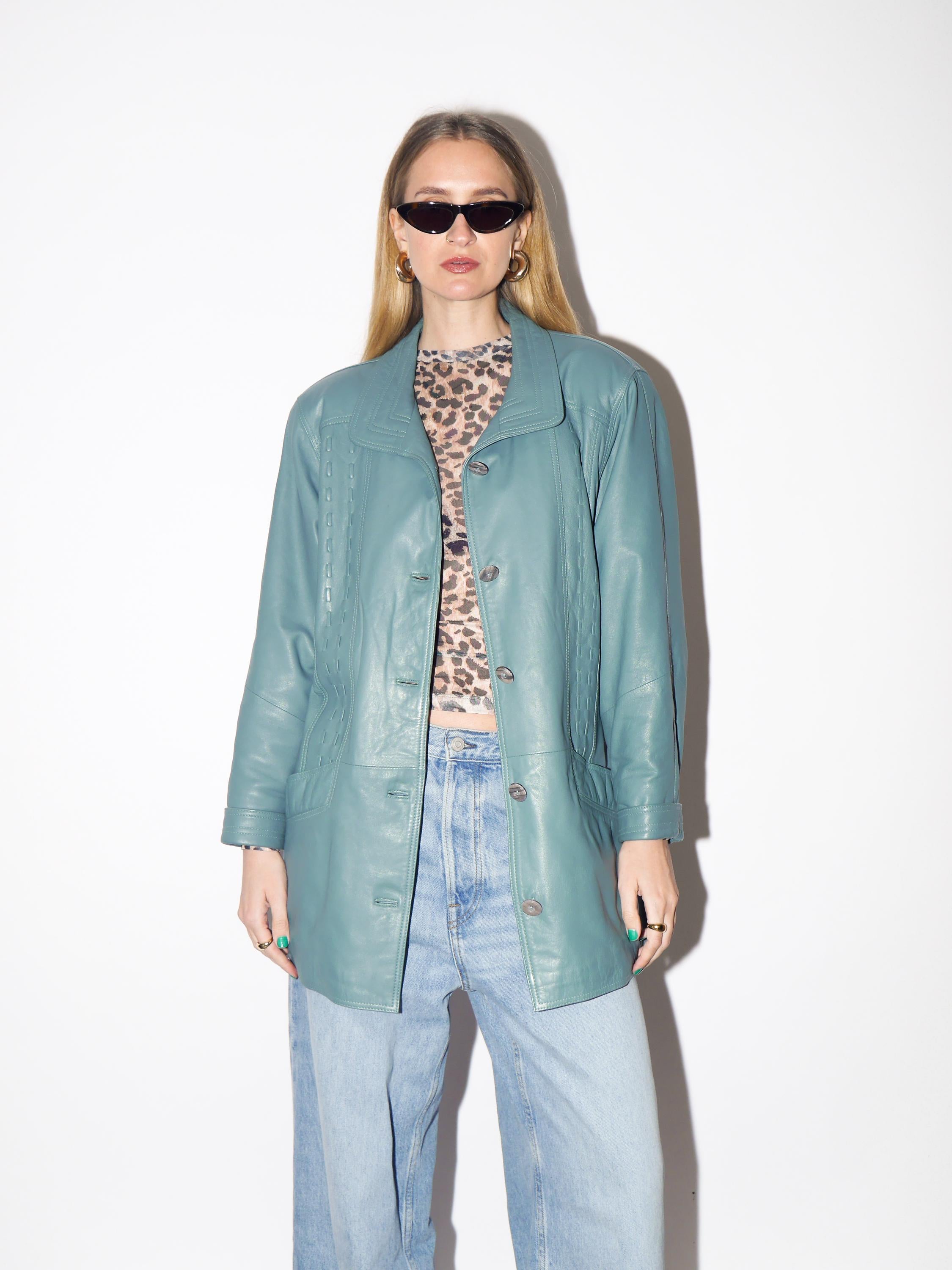 VINTAGE Blue Leather Jacket from 1990s | Oversize Blue Leather Jacket