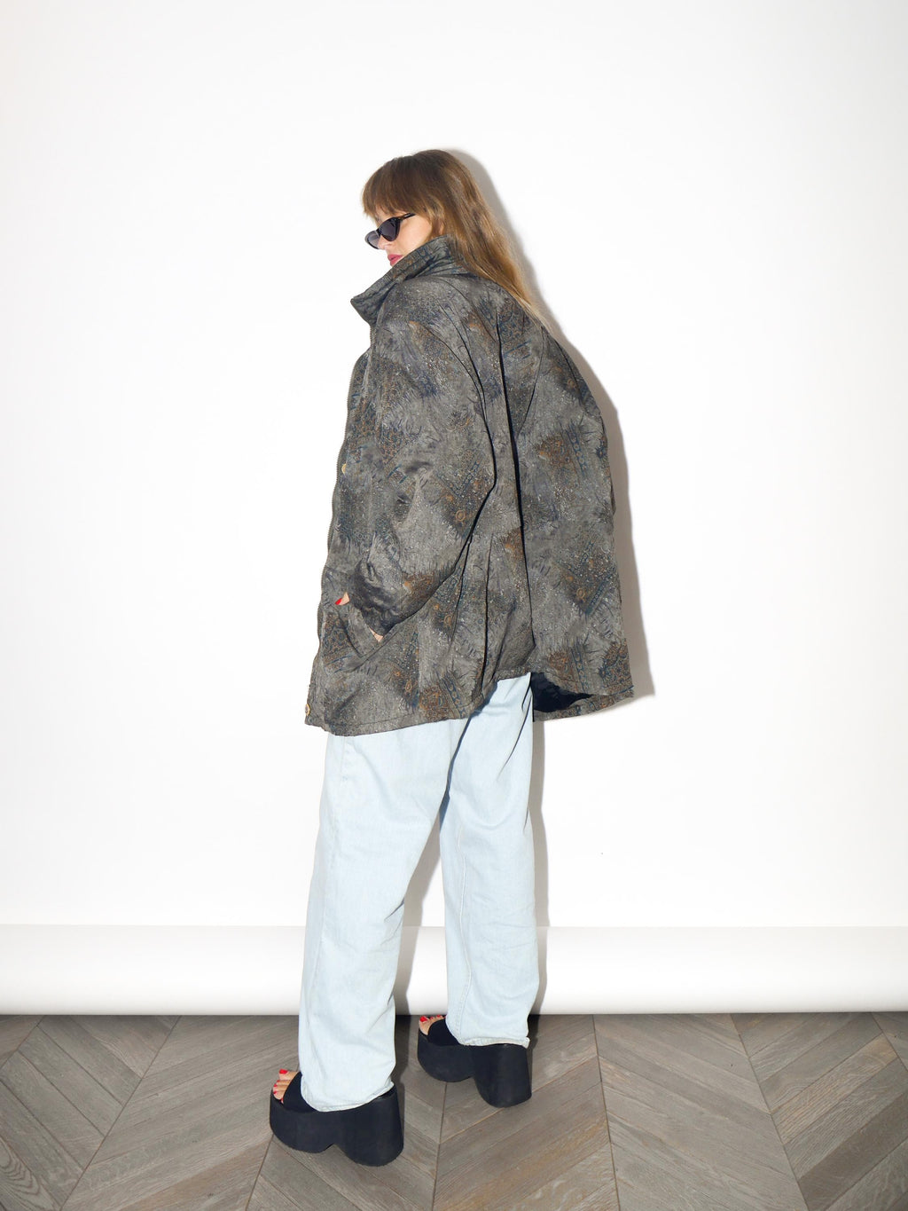 VINTAGE Green And Gold Oversized Parka With Abstract Pattern From The 1980s