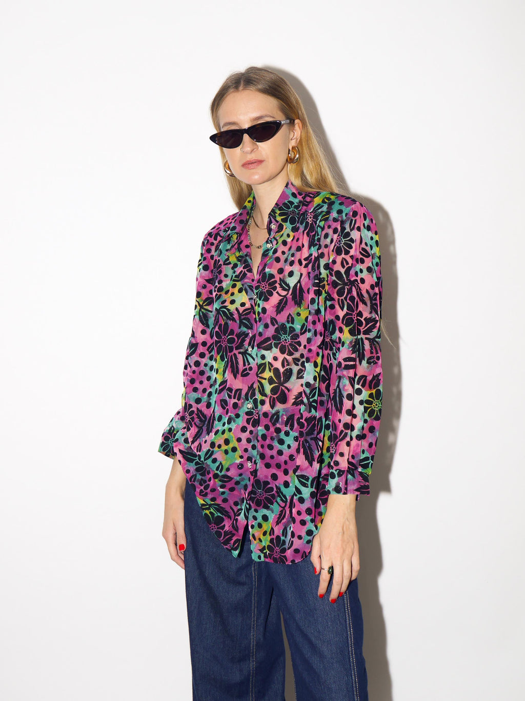 VINTAGE glitter blouse with purple floral pattern and sheer fabric from 1980s